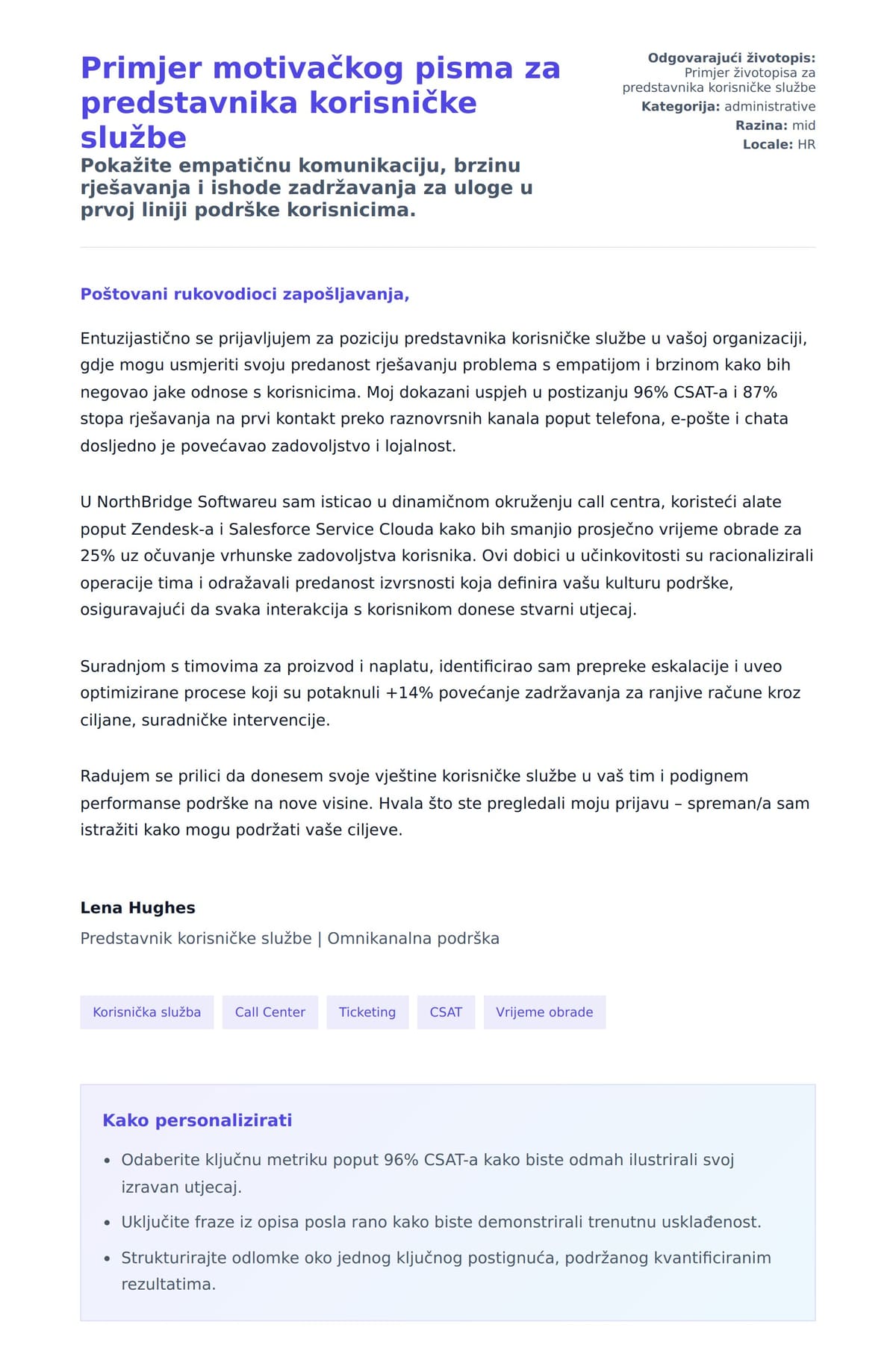 Pregled motivacijskog pisma za Primjer motivačkog pisma za predstavnika korisničke službe