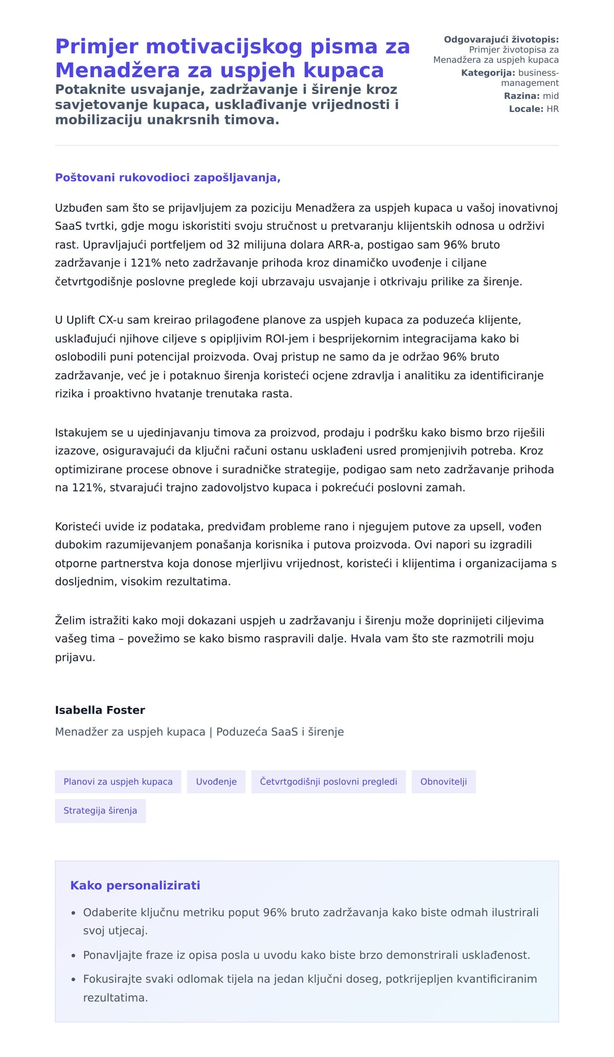 Pregled motivacijskog pisma za Primjer motivacijskog pisma za Menadžera za uspjeh kupaca