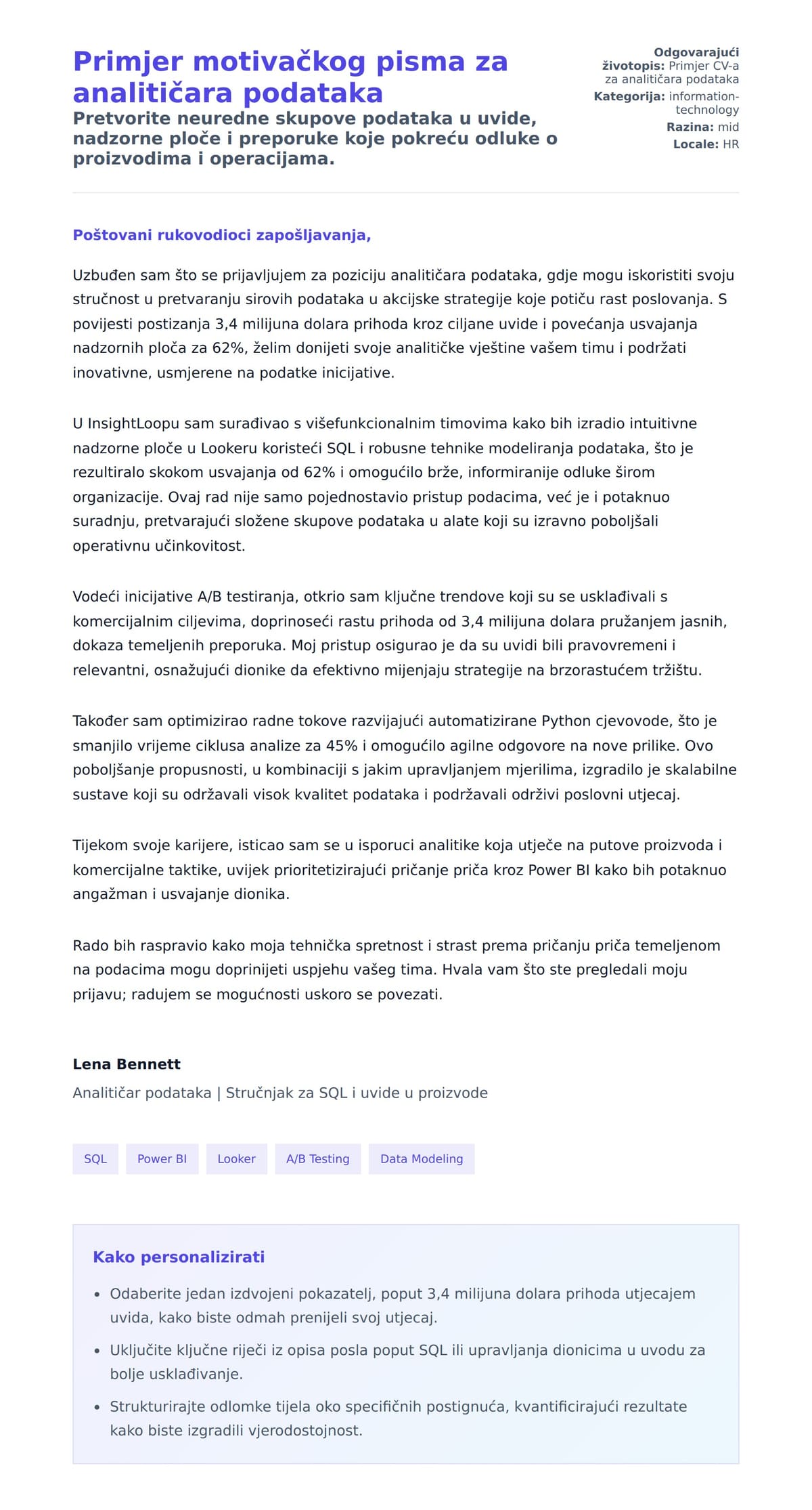 Pregled motivacijskog pisma za Primjer motivačkog pisma za analitičara podataka