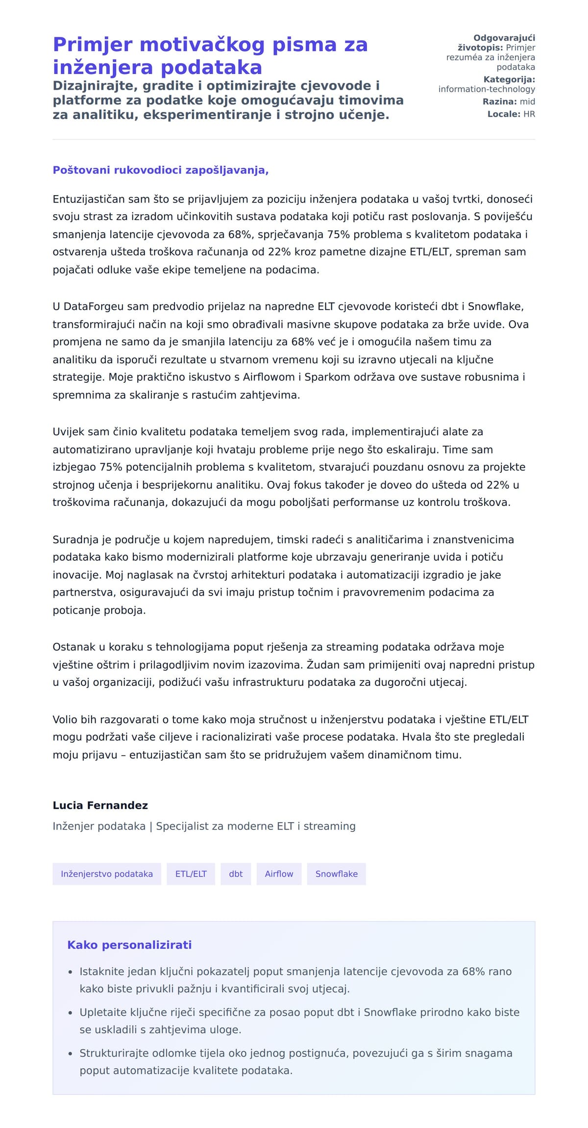 Pregled motivacijskog pisma za Primjer motivačkog pisma za inženjera podataka