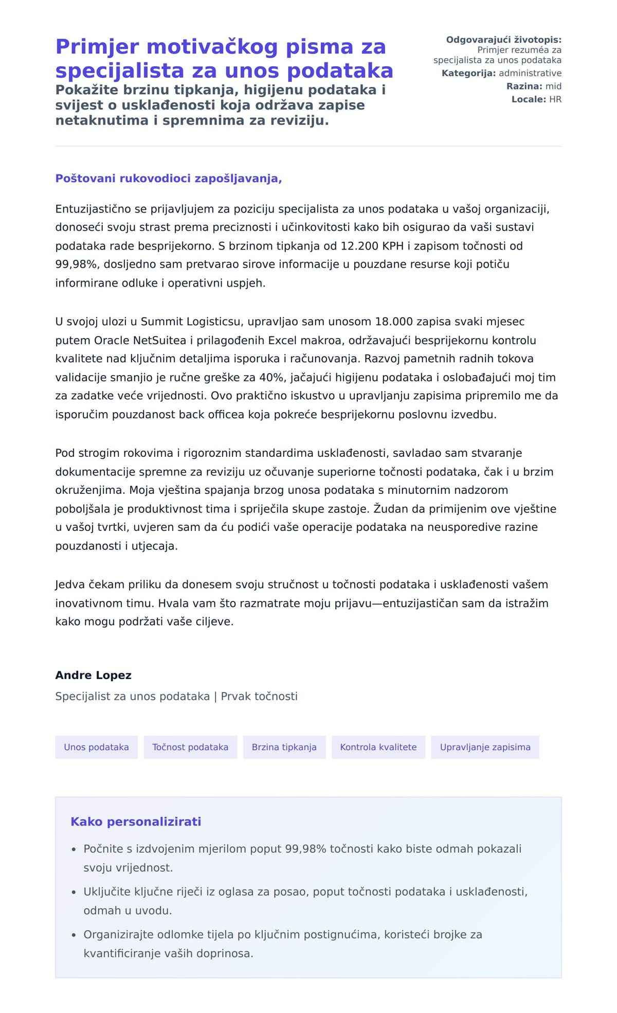 Pregled motivacijskog pisma za Primjer motivačkog pisma za specijalista za unos podataka