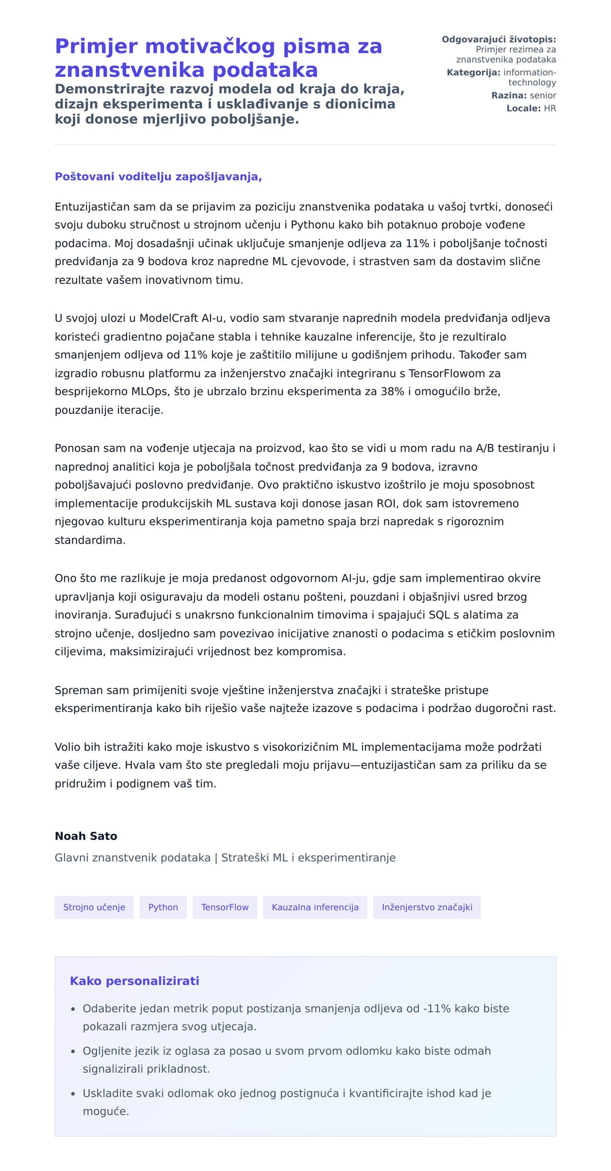 Pregled motivacijskog pisma za Primjer motivačkog pisma za znanstvenika podataka