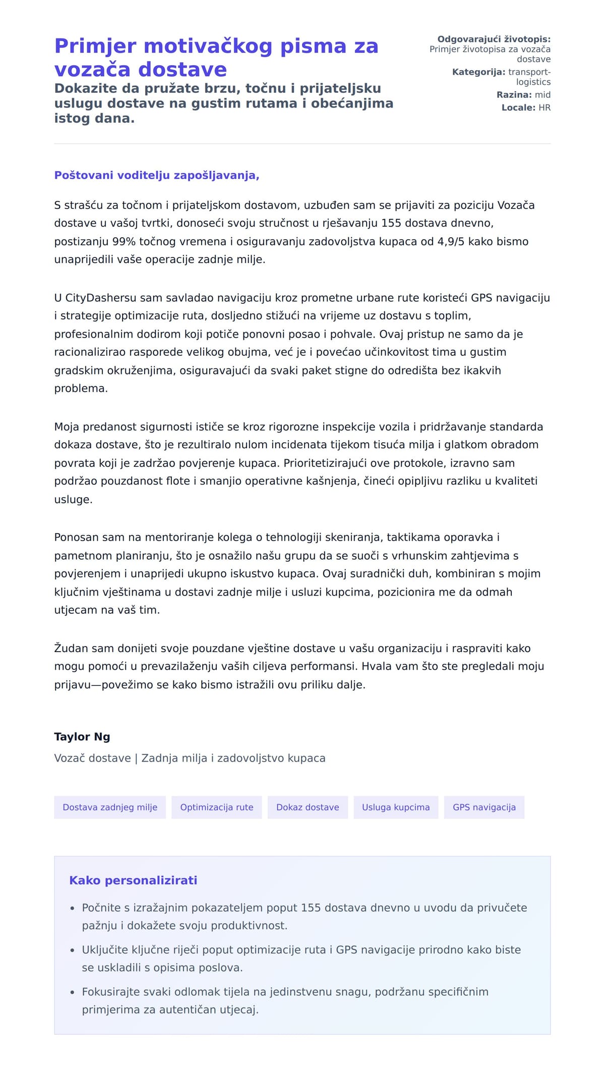 Pregled motivacijskog pisma za Primjer motivačkog pisma za vozača dostave