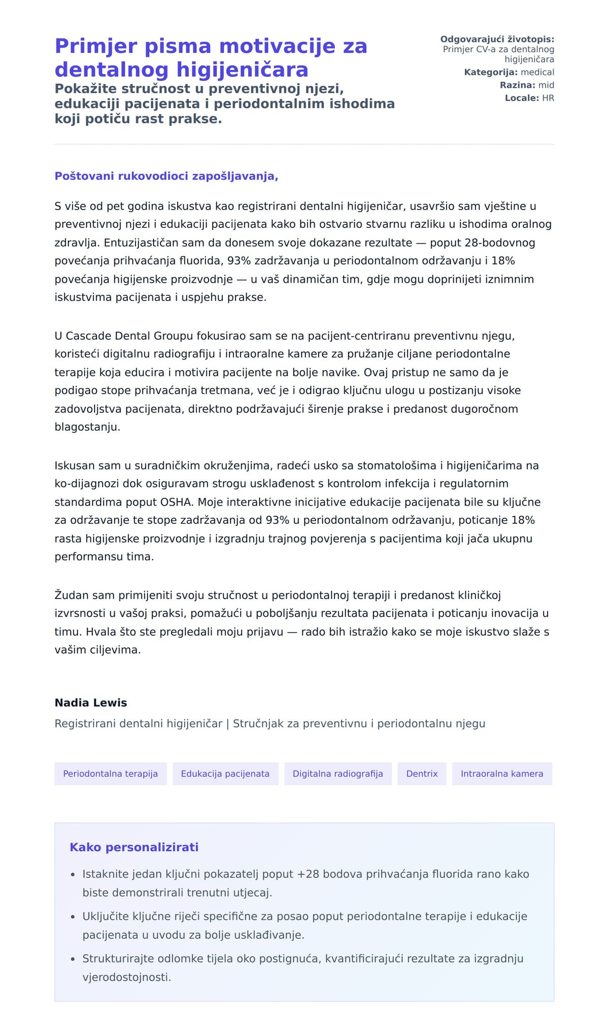 Pregled motivacijskog pisma za Primjer pisma motivacije za dentalnog higijeničara