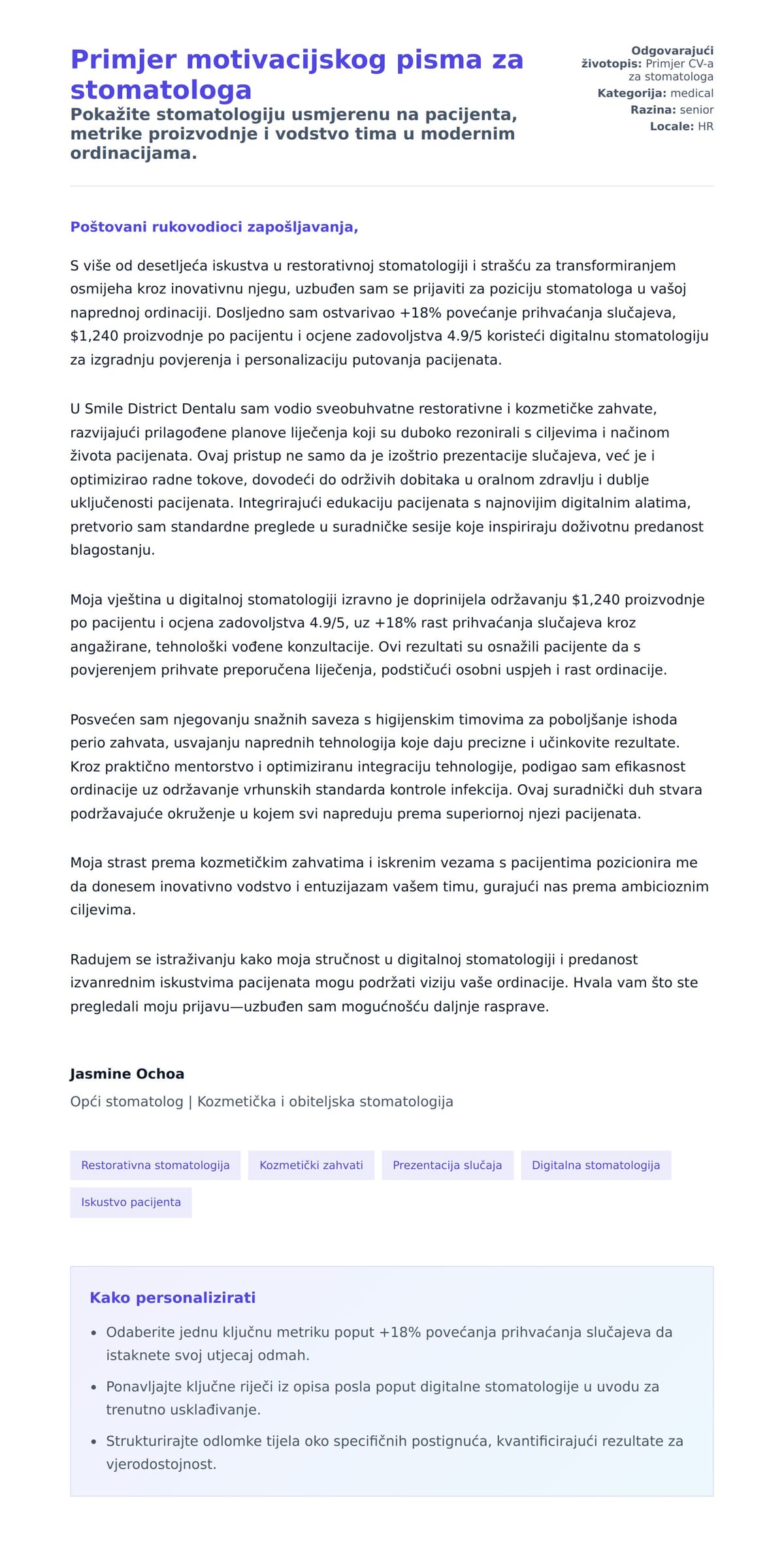 Pregled motivacijskog pisma za Primjer motivacijskog pisma za stomatologa