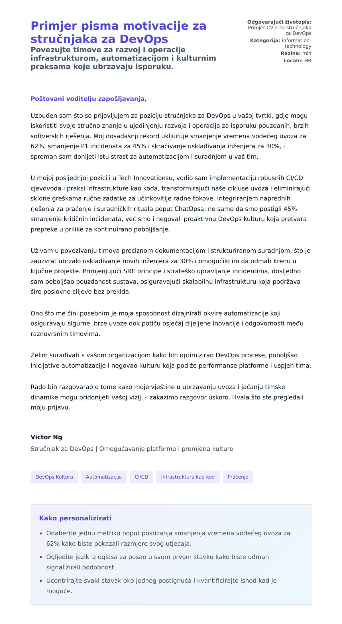 Pregled motivacijskog pisma za Primjer pisma motivacije za stručnjaka za DevOps