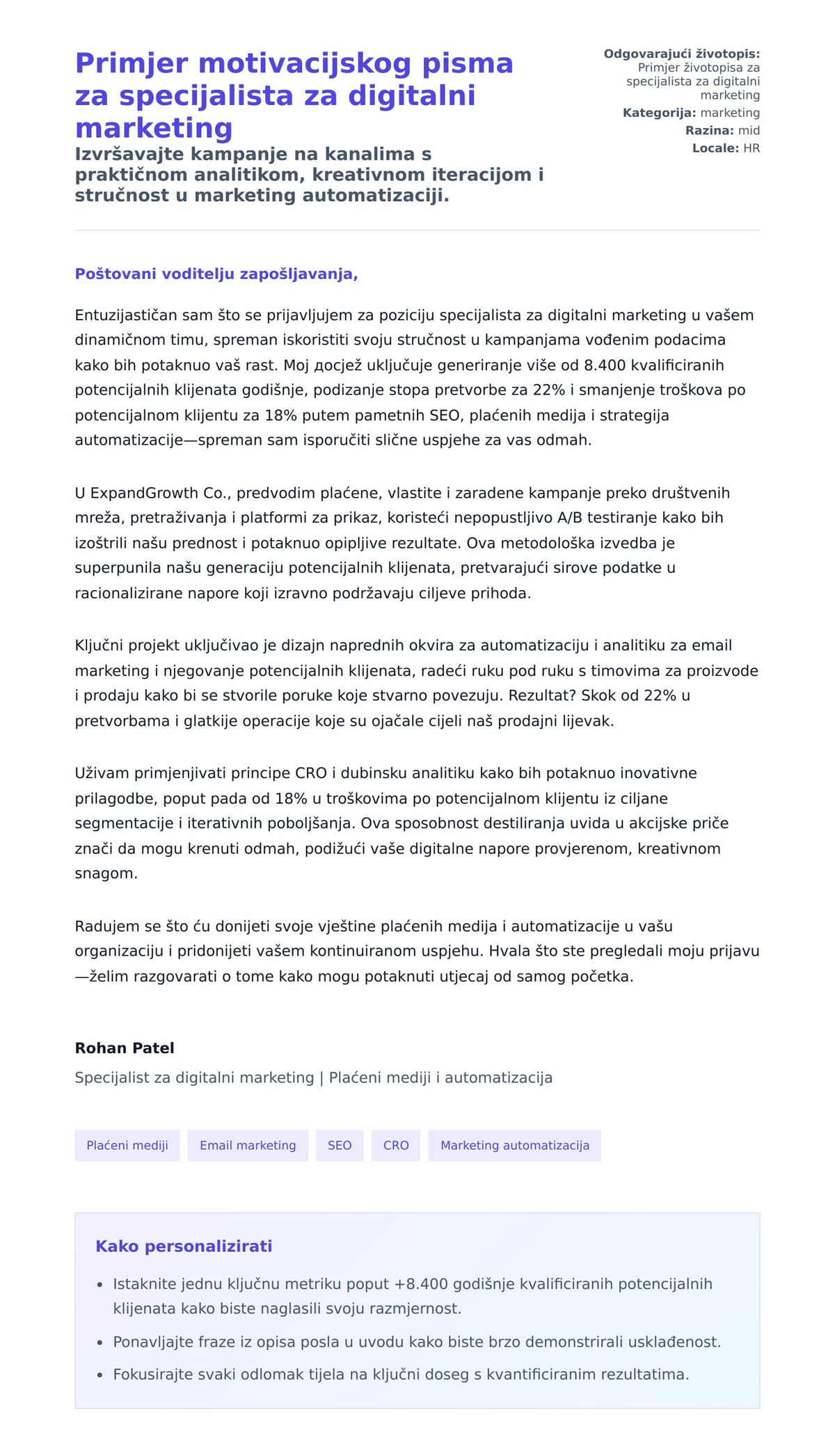 Pregled motivacijskog pisma za Primjer motivacijskog pisma za specijalista za digitalni marketing