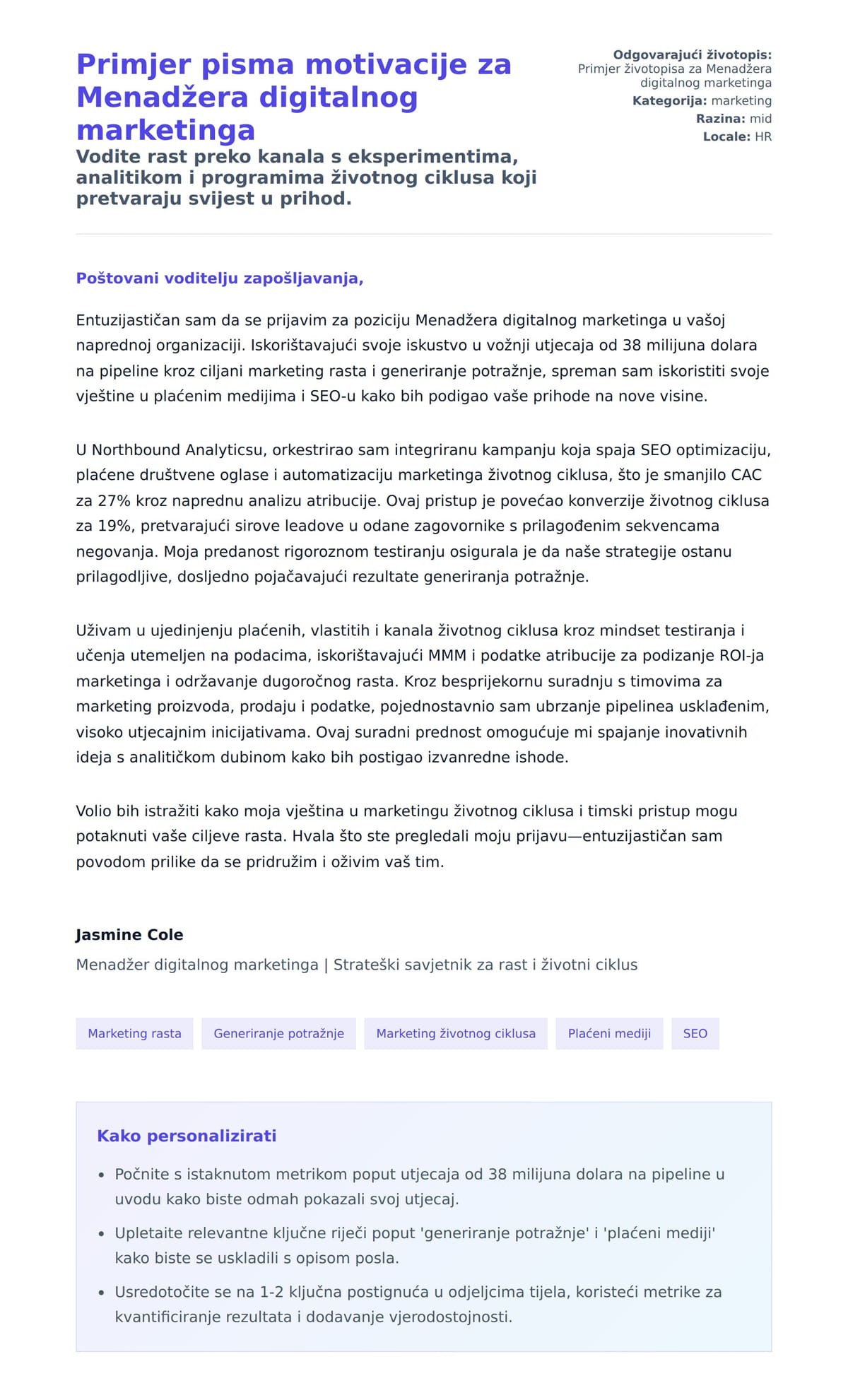 Pregled motivacijskog pisma za Primjer pisma motivacije za Menadžera digitalnog marketinga