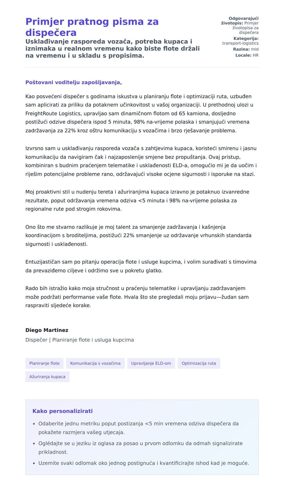 Pregled motivacijskog pisma za Primjer pratnog pisma za dispečera