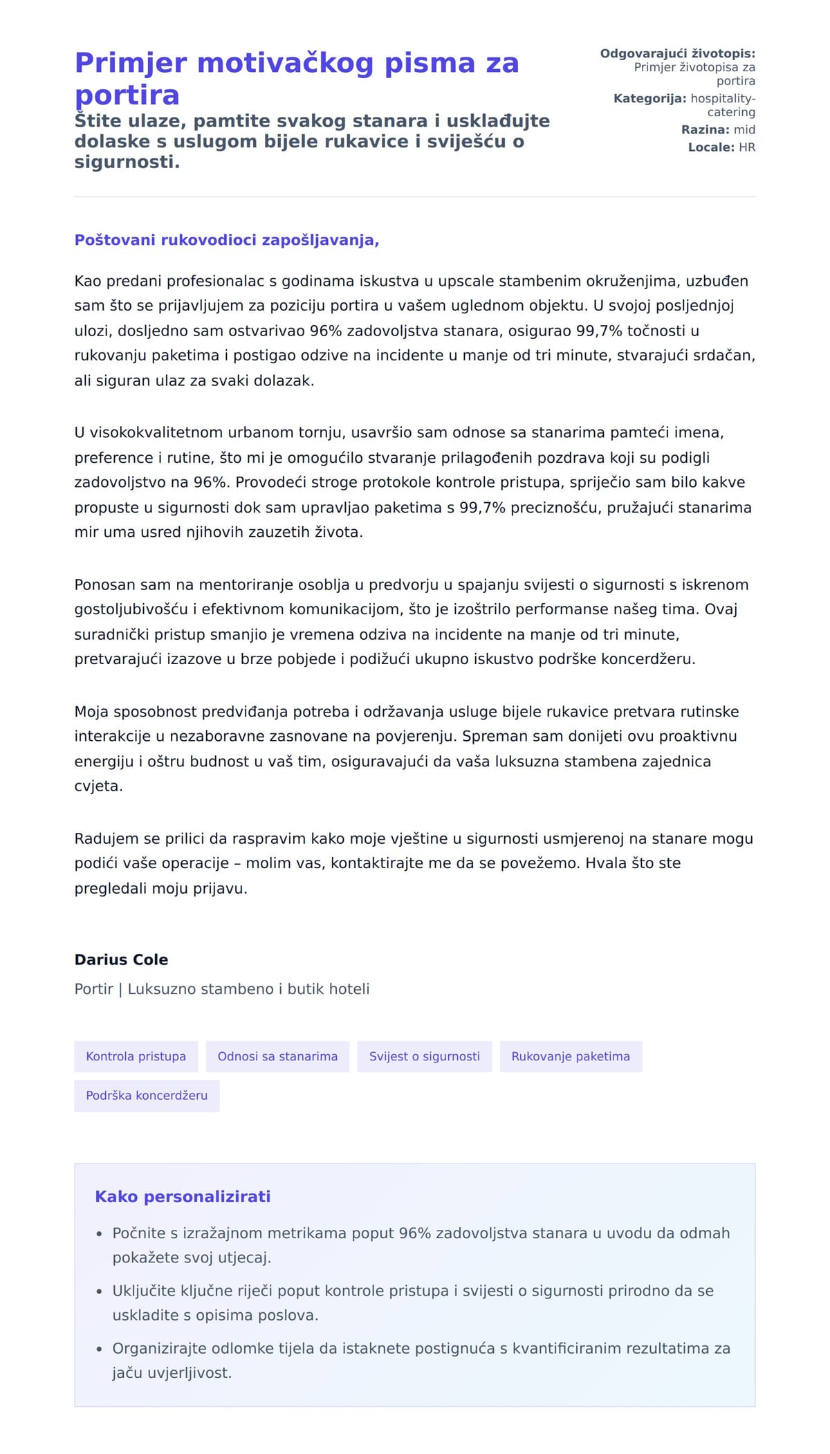 Pregled motivacijskog pisma za Primjer motivačkog pisma za portira