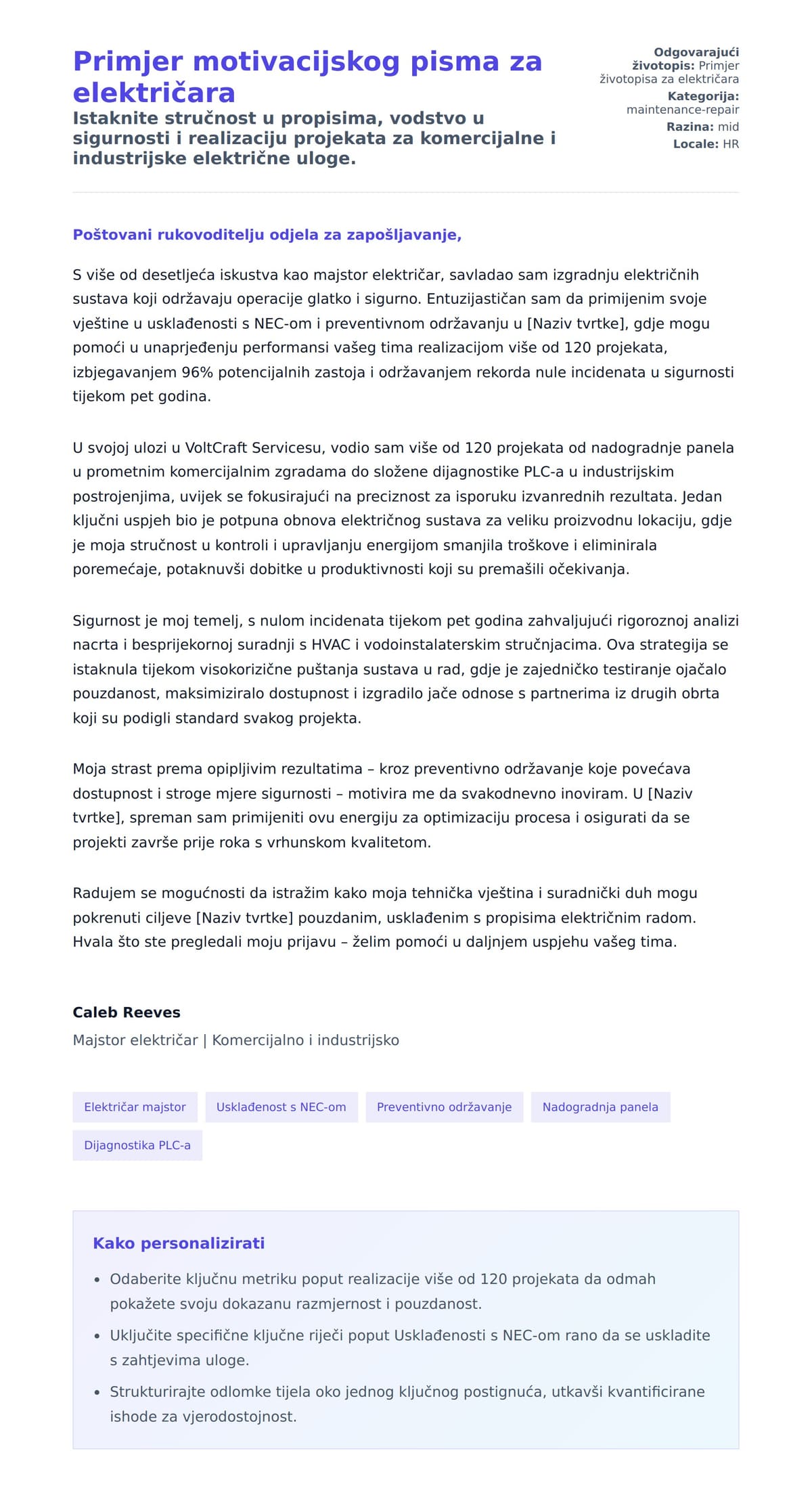 Pregled motivacijskog pisma za Primjer motivacijskog pisma za električara