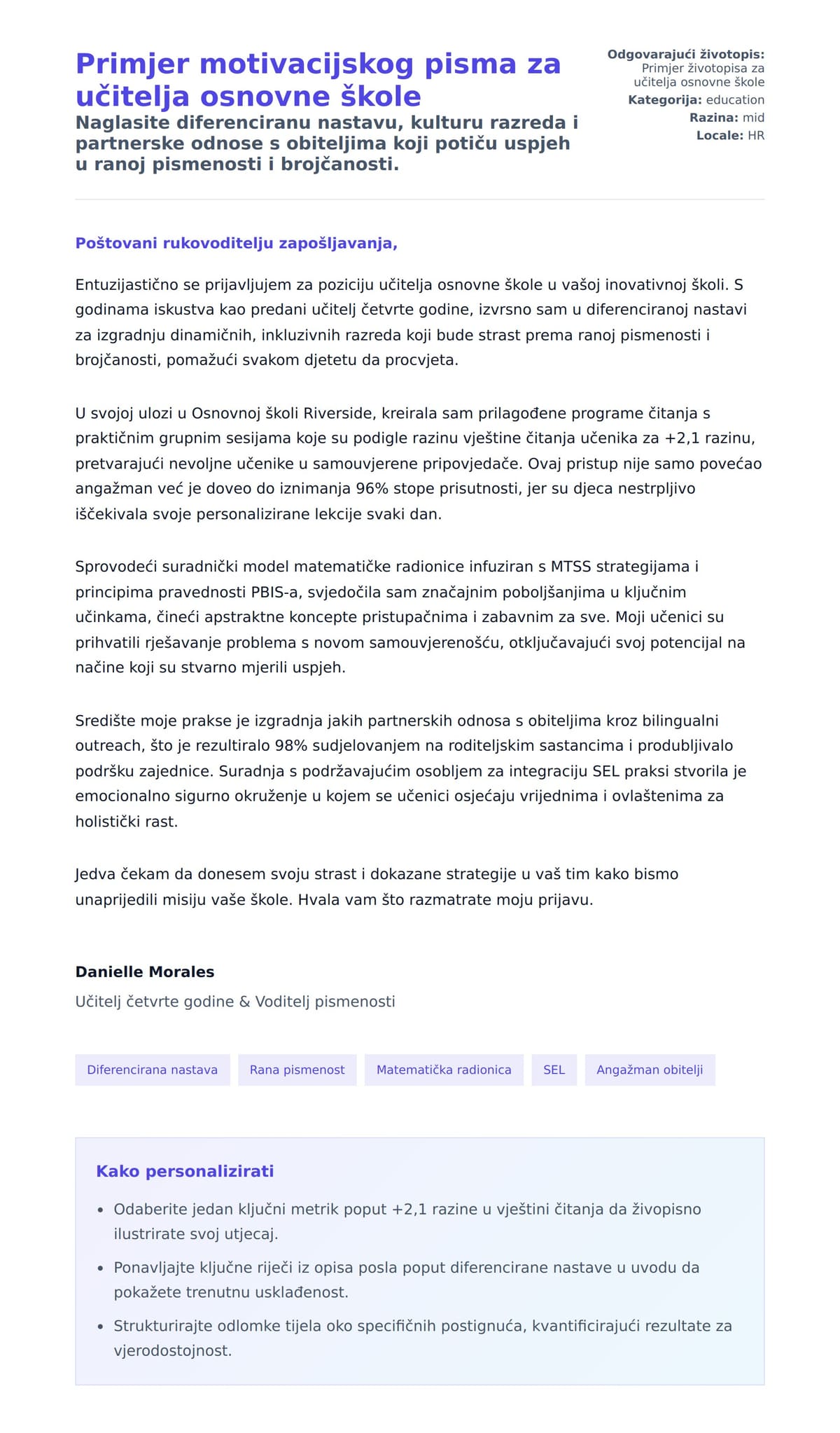 Pregled motivacijskog pisma za Primjer motivacijskog pisma za učitelja osnovne škole