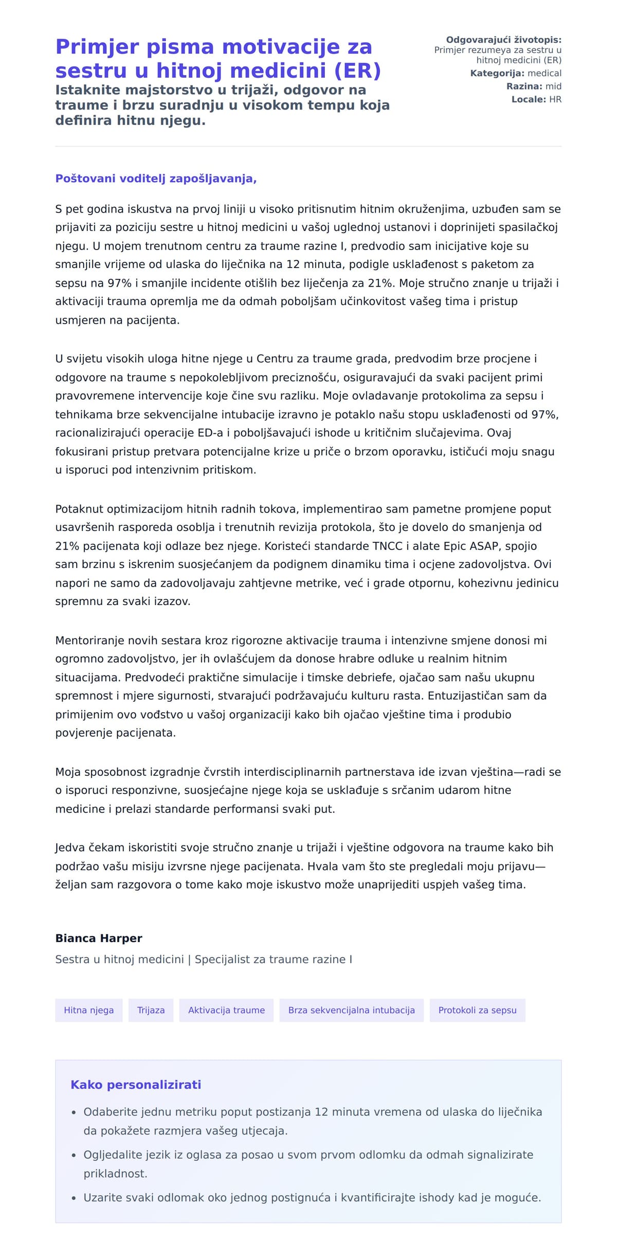 Pregled motivacijskog pisma za Primjer pisma motivacije za sestru u hitnoj medicini (ER)