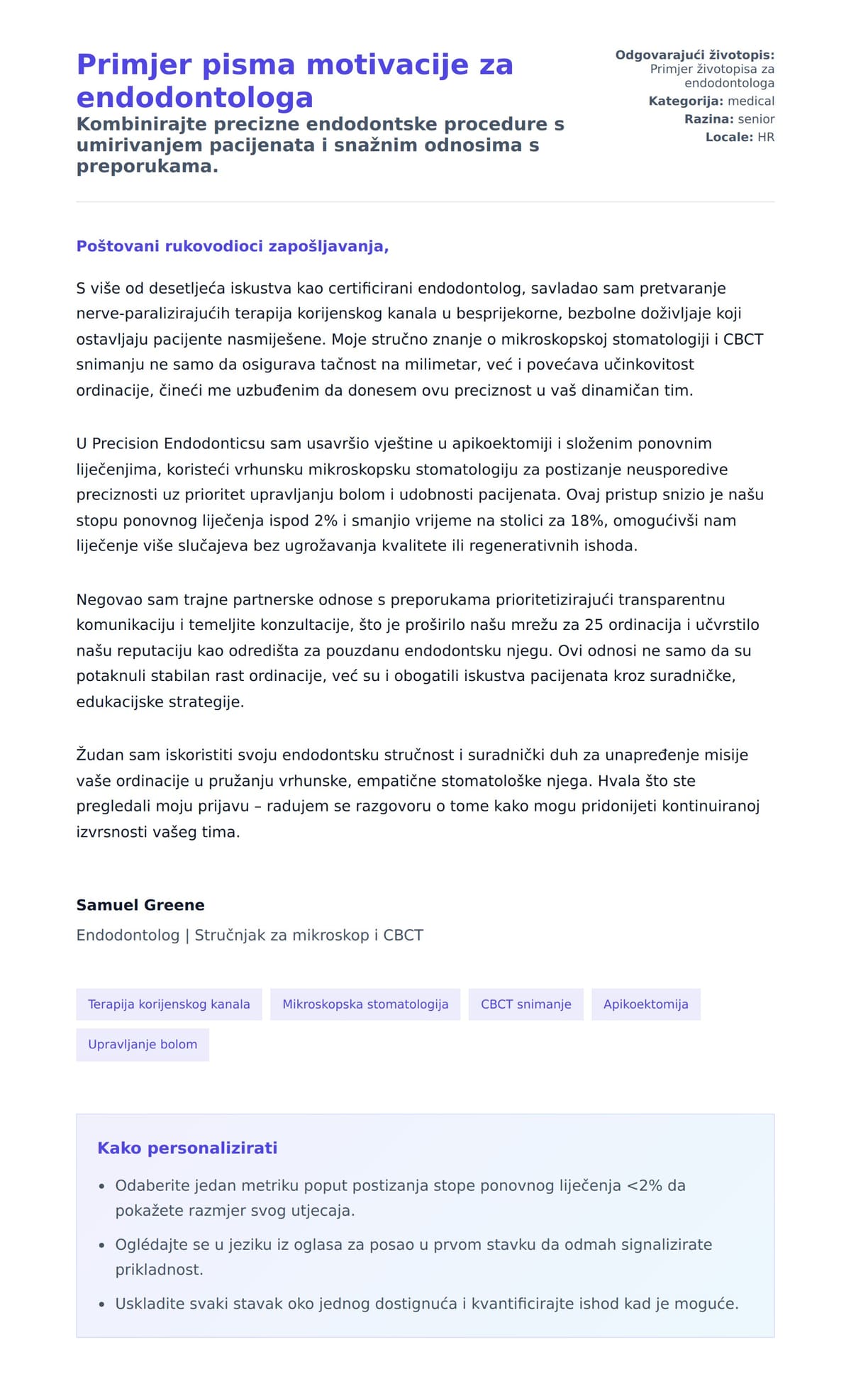 Pregled motivacijskog pisma za Primjer pisma motivacije za endodontologa