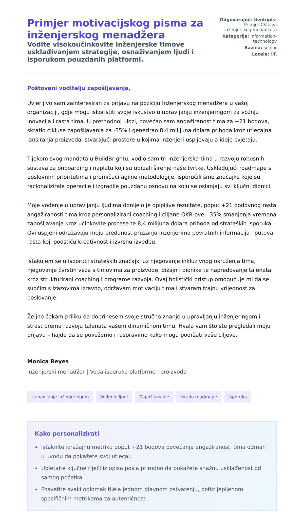 Pregled motivacijskog pisma za Primjer motivacijskog pisma za inženjerskog menadžera