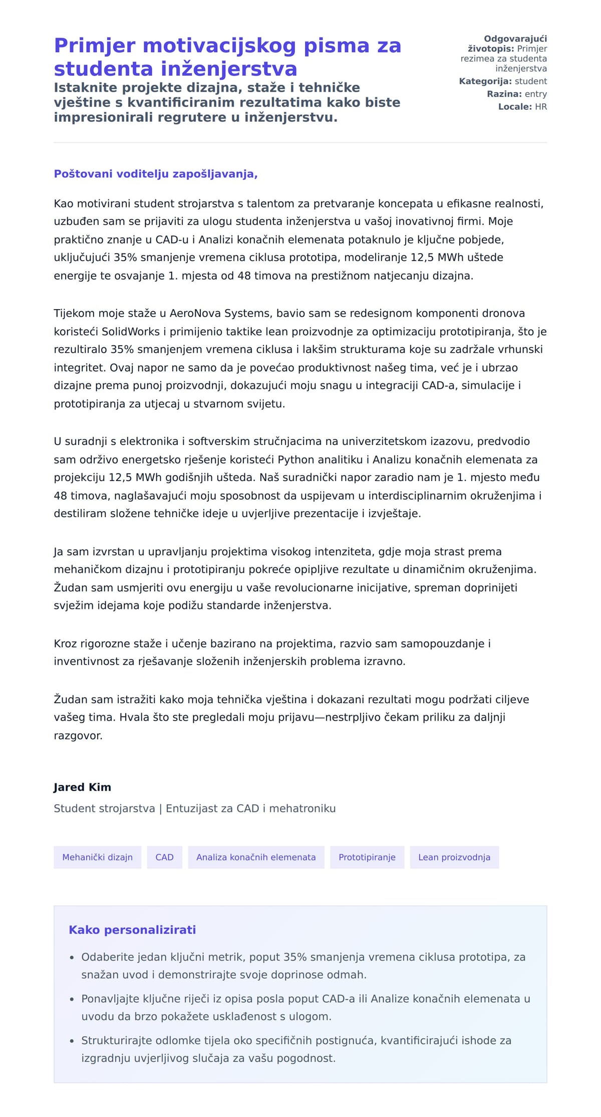 Pregled motivacijskog pisma za Primjer motivacijskog pisma za studenta inženjerstva