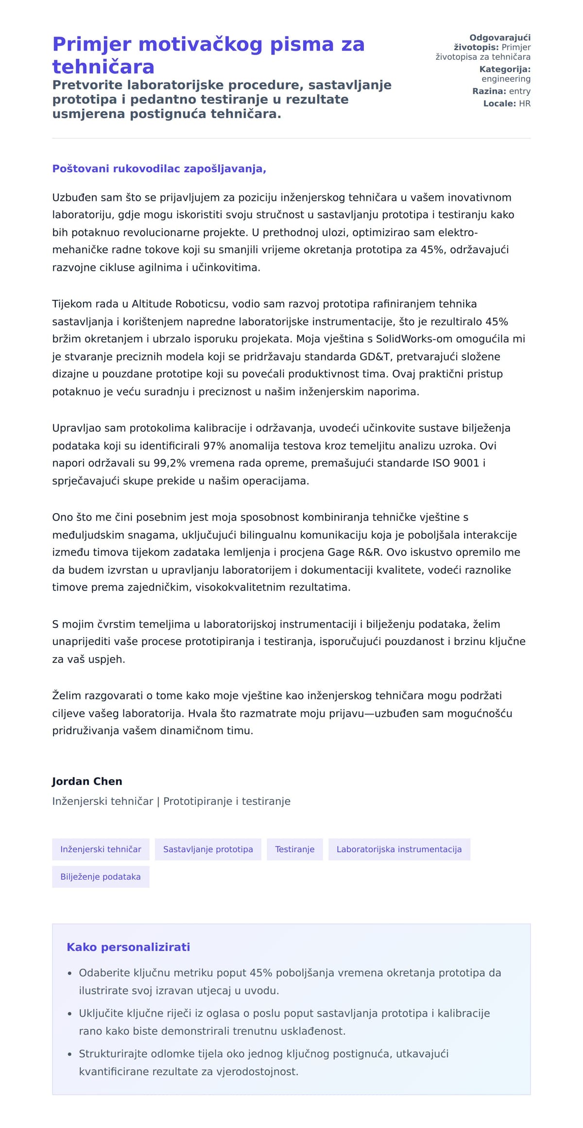 Pregled motivacijskog pisma za Primjer motivačkog pisma za tehničara