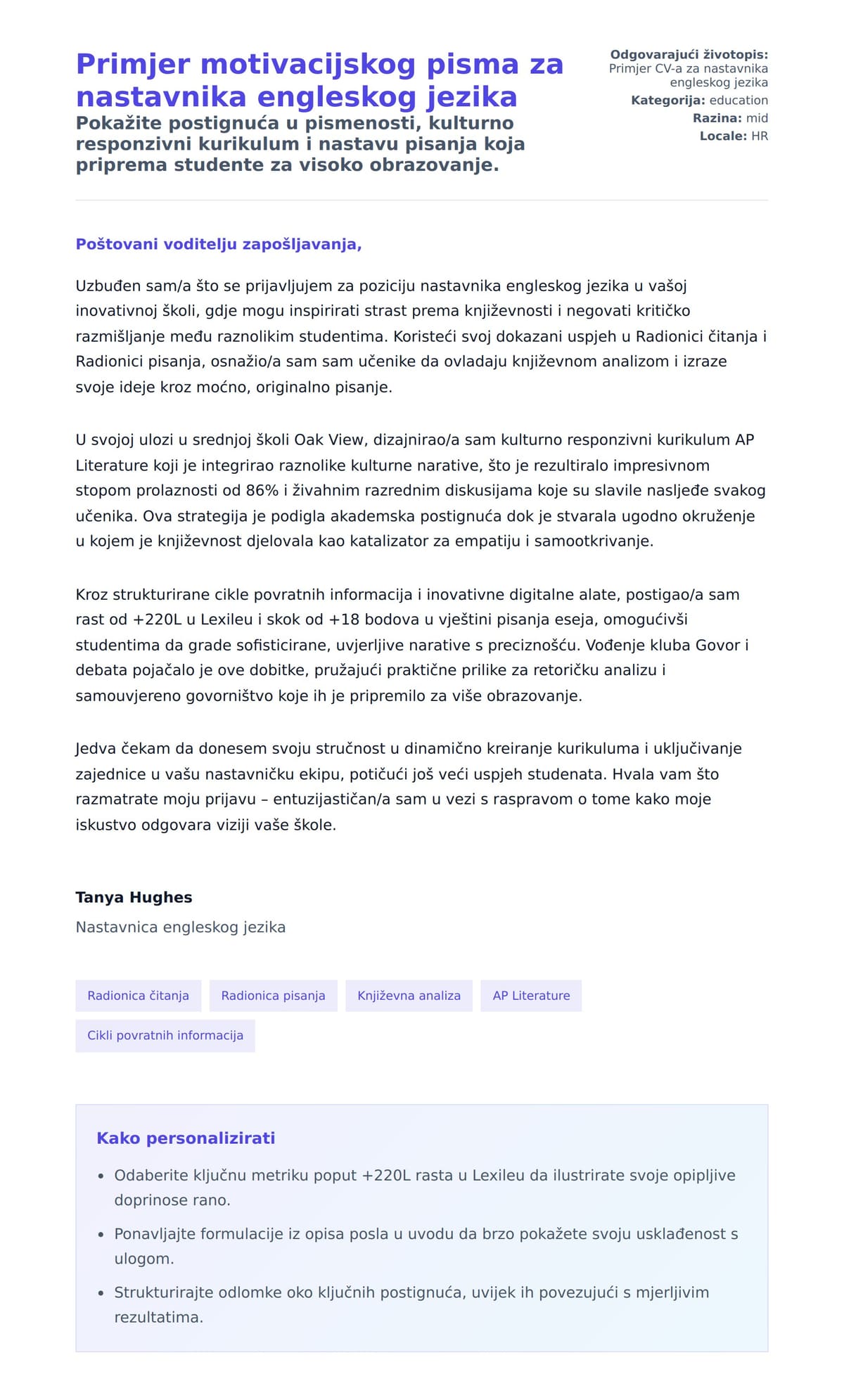 Pregled motivacijskog pisma za Primjer motivacijskog pisma za nastavnika engleskog jezika