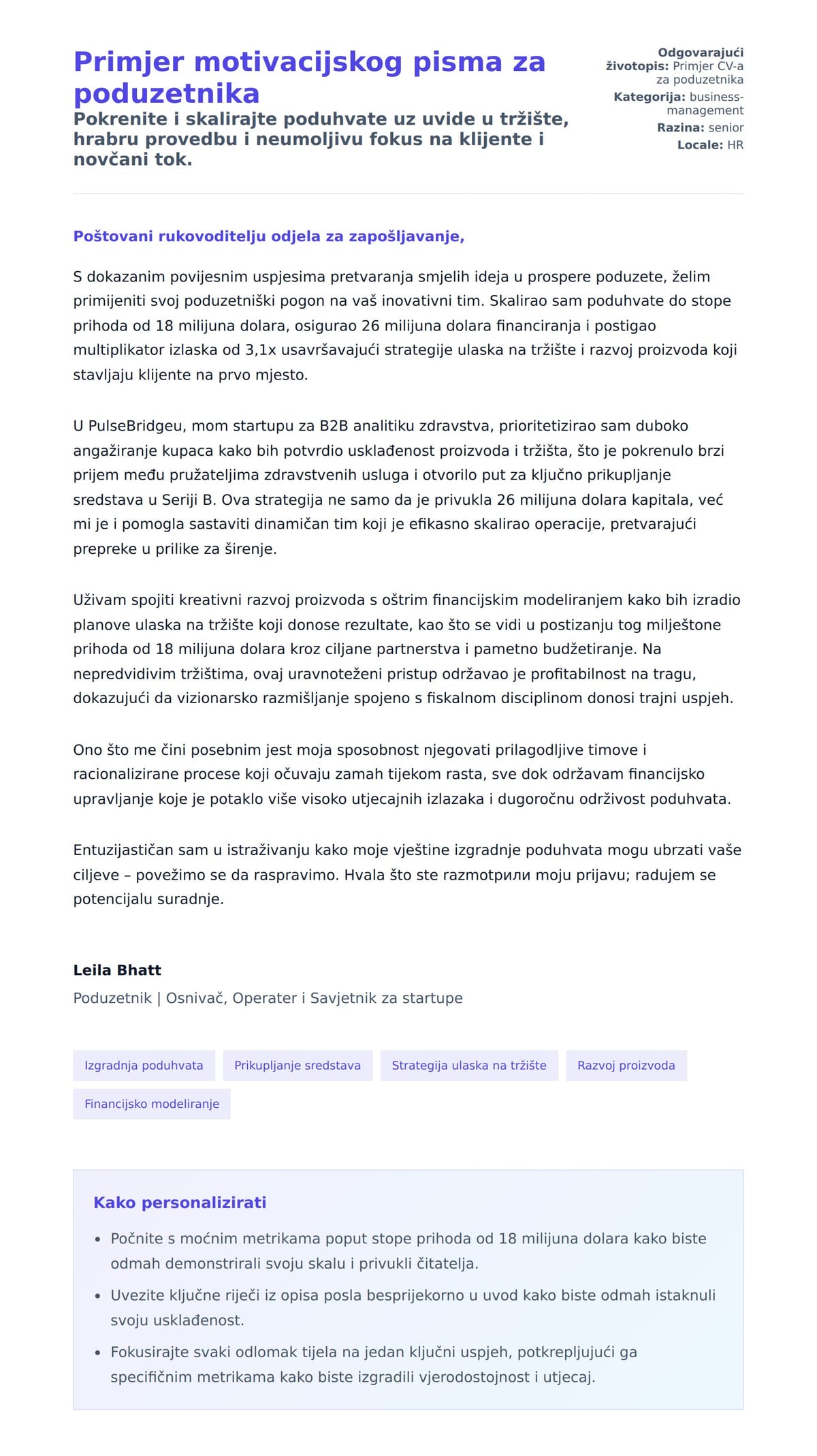 Pregled motivacijskog pisma za Primjer motivacijskog pisma za poduzetnika