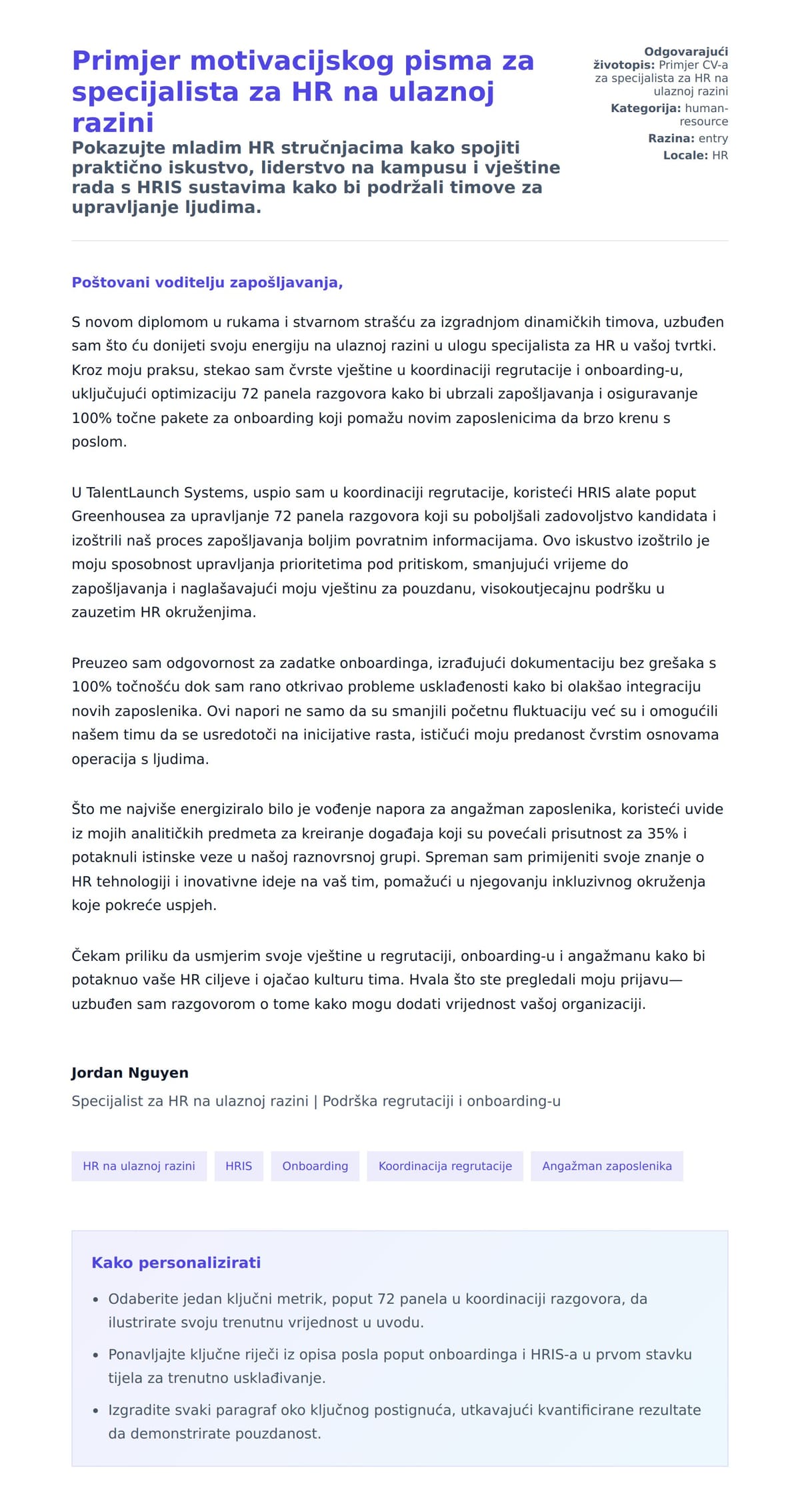 Pregled motivacijskog pisma za Primjer motivacijskog pisma za specijalista za HR na ulaznoj razini