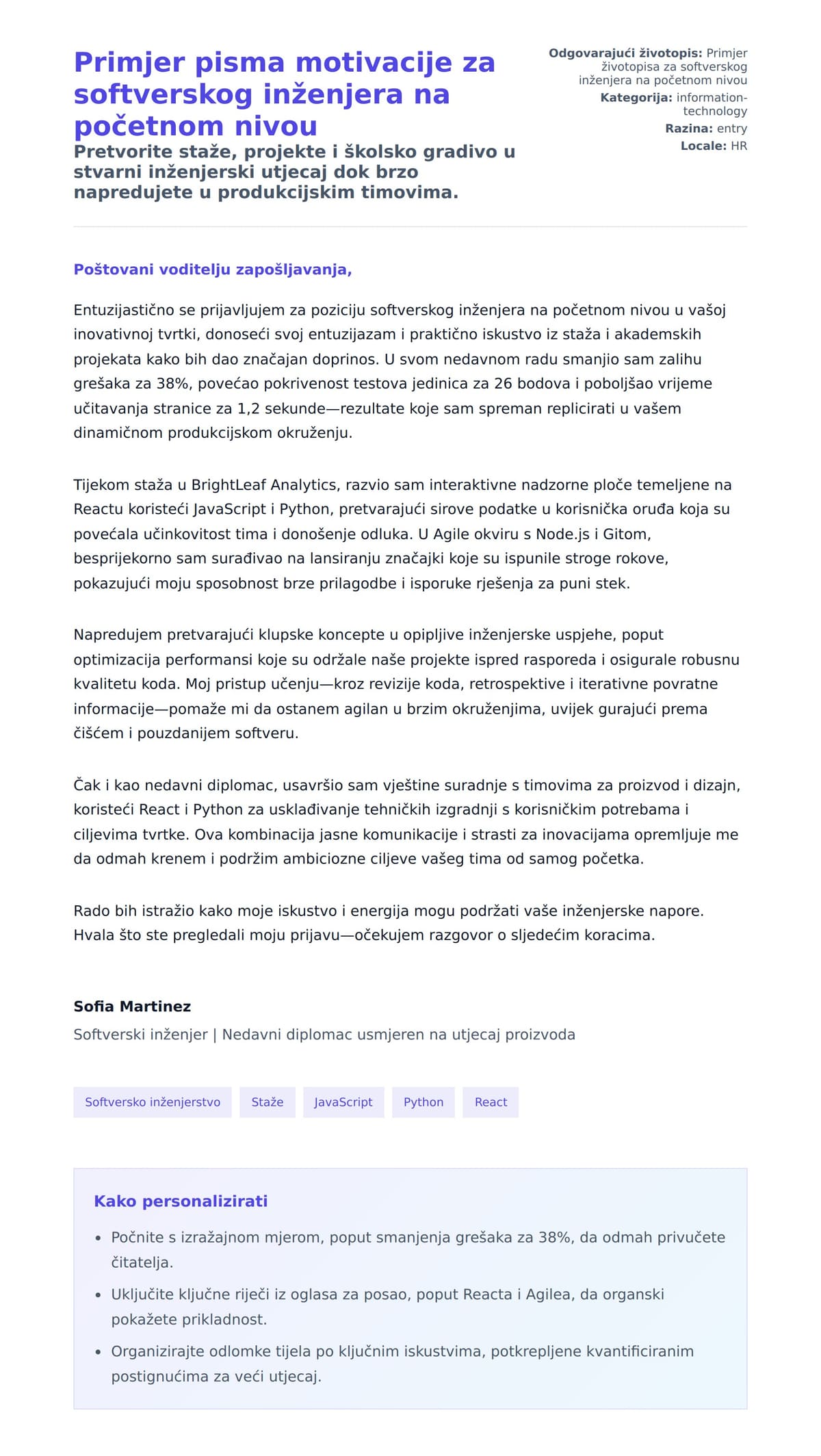 Pregled motivacijskog pisma za Primjer pisma motivacije za softverskog inženjera na početnom nivou