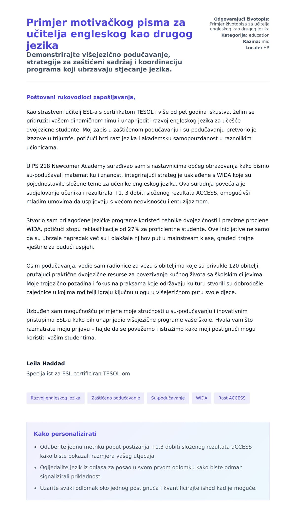 Pregled motivacijskog pisma za Primjer motivačkog pisma za učitelja engleskog kao drugog jezika