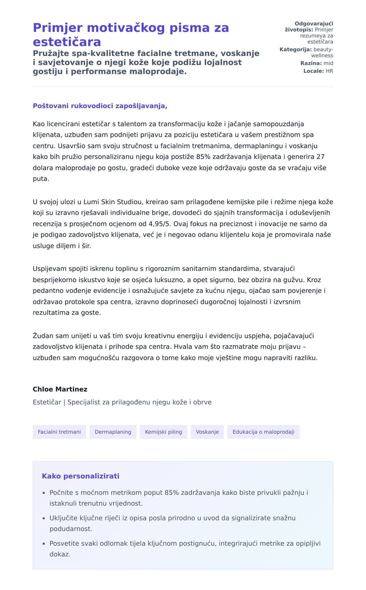 Pregled motivacijskog pisma za Primjer motivačkog pisma za estetičara
