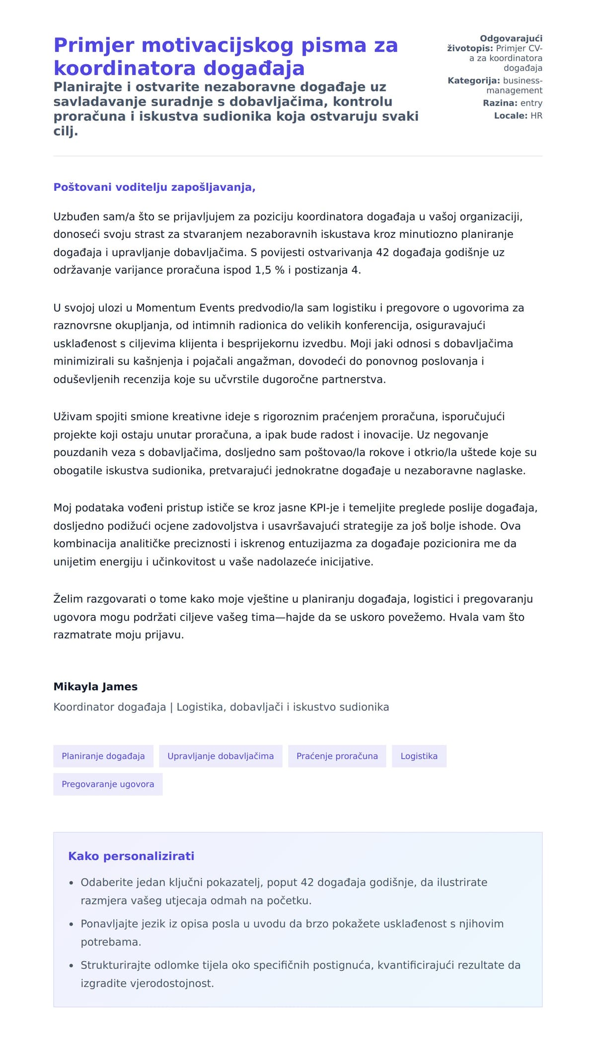 Pregled motivacijskog pisma za Primjer motivacijskog pisma za koordinatora događaja