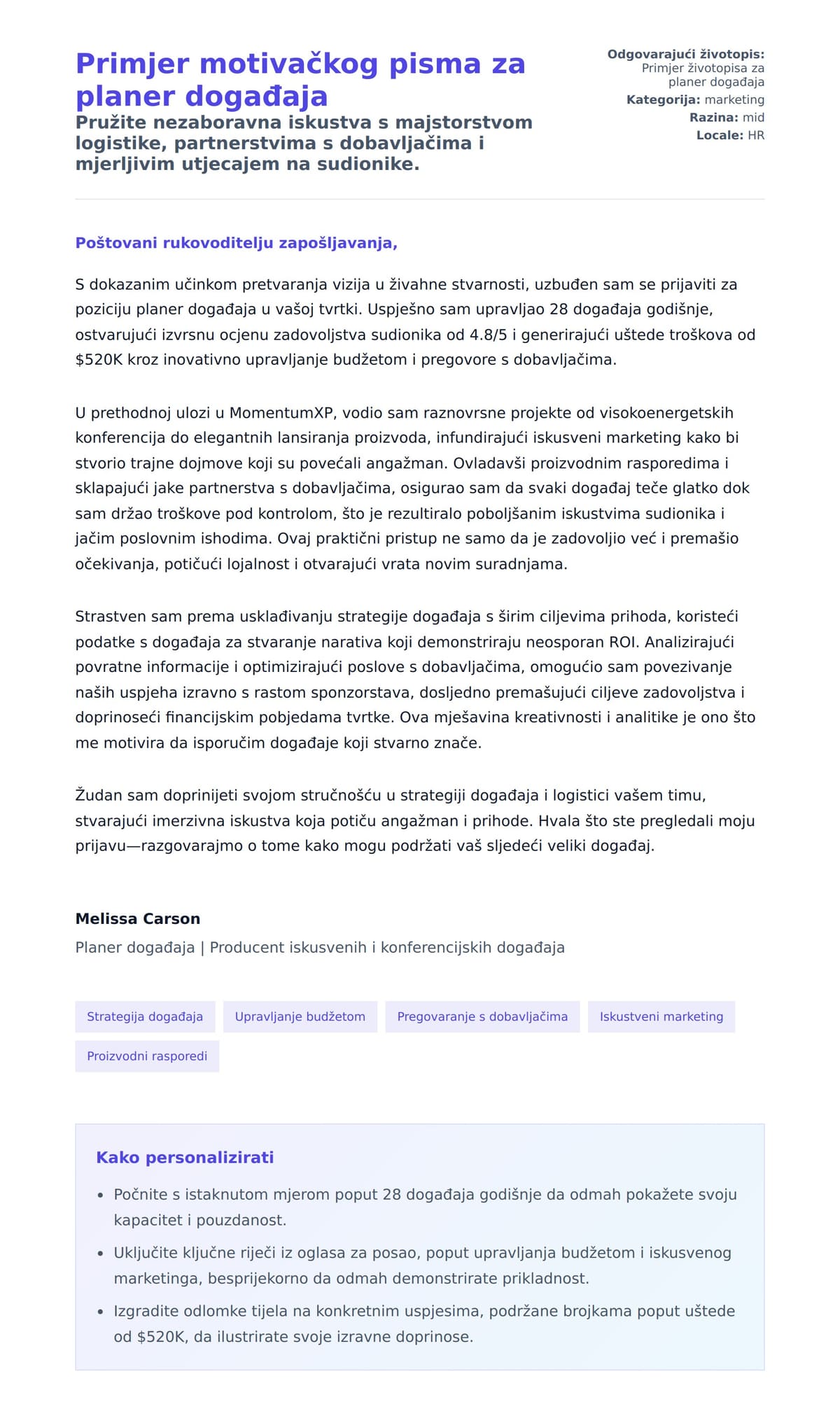 Pregled motivacijskog pisma za Primjer motivačkog pisma za planer događaja