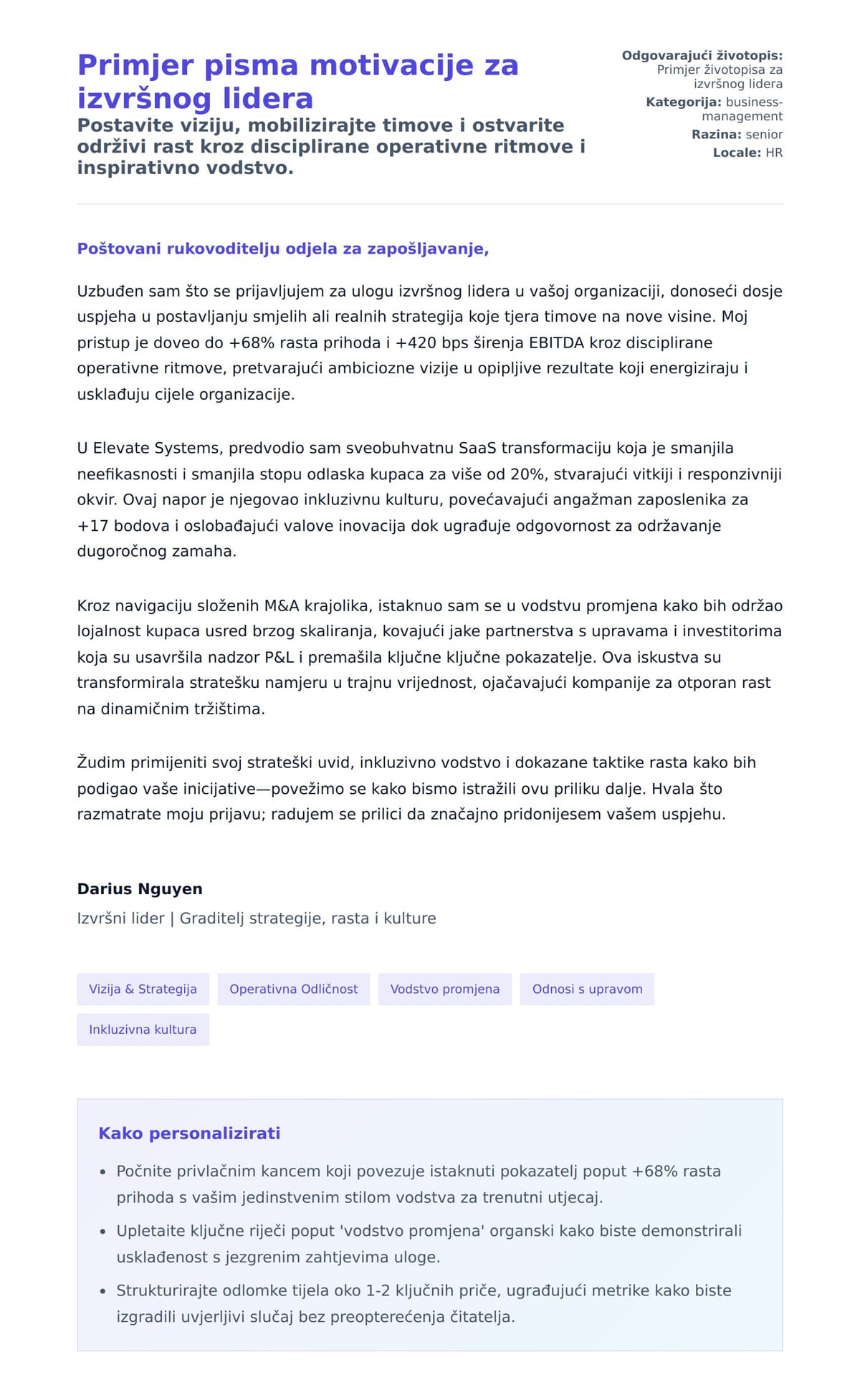 Pregled motivacijskog pisma za Primjer pisma motivacije za izvršnog lidera