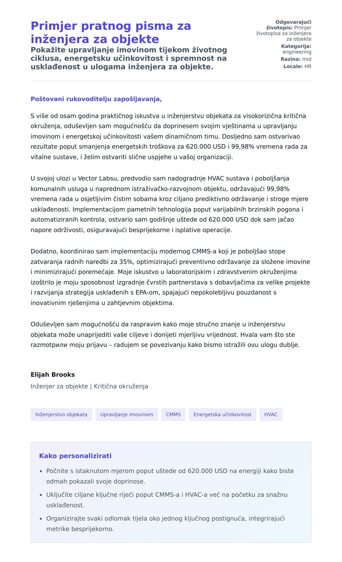 Pregled motivacijskog pisma za Primjer pratnog pisma za inženjera za objekte
