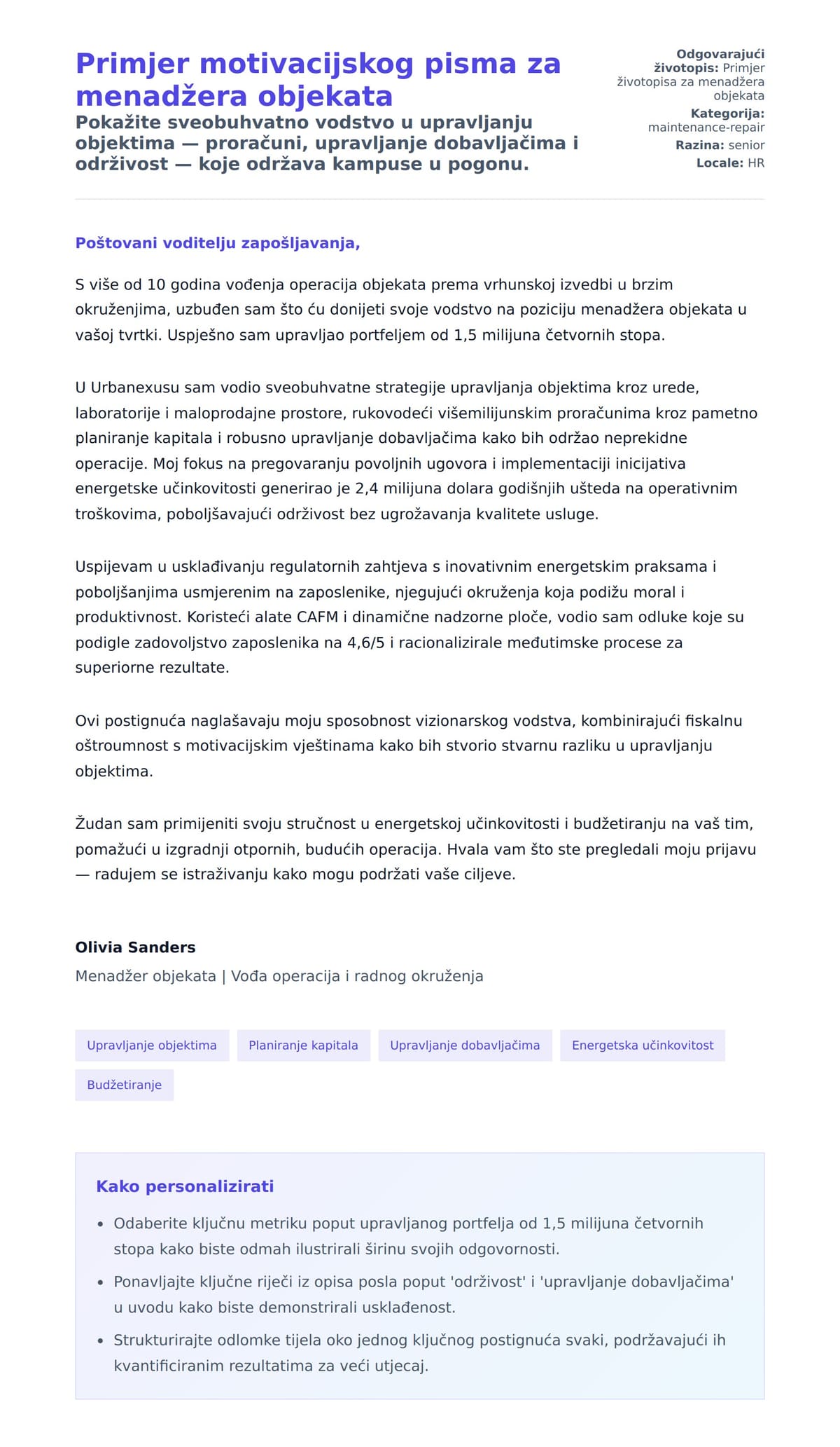 Pregled motivacijskog pisma za Primjer motivacijskog pisma za menadžera objekata