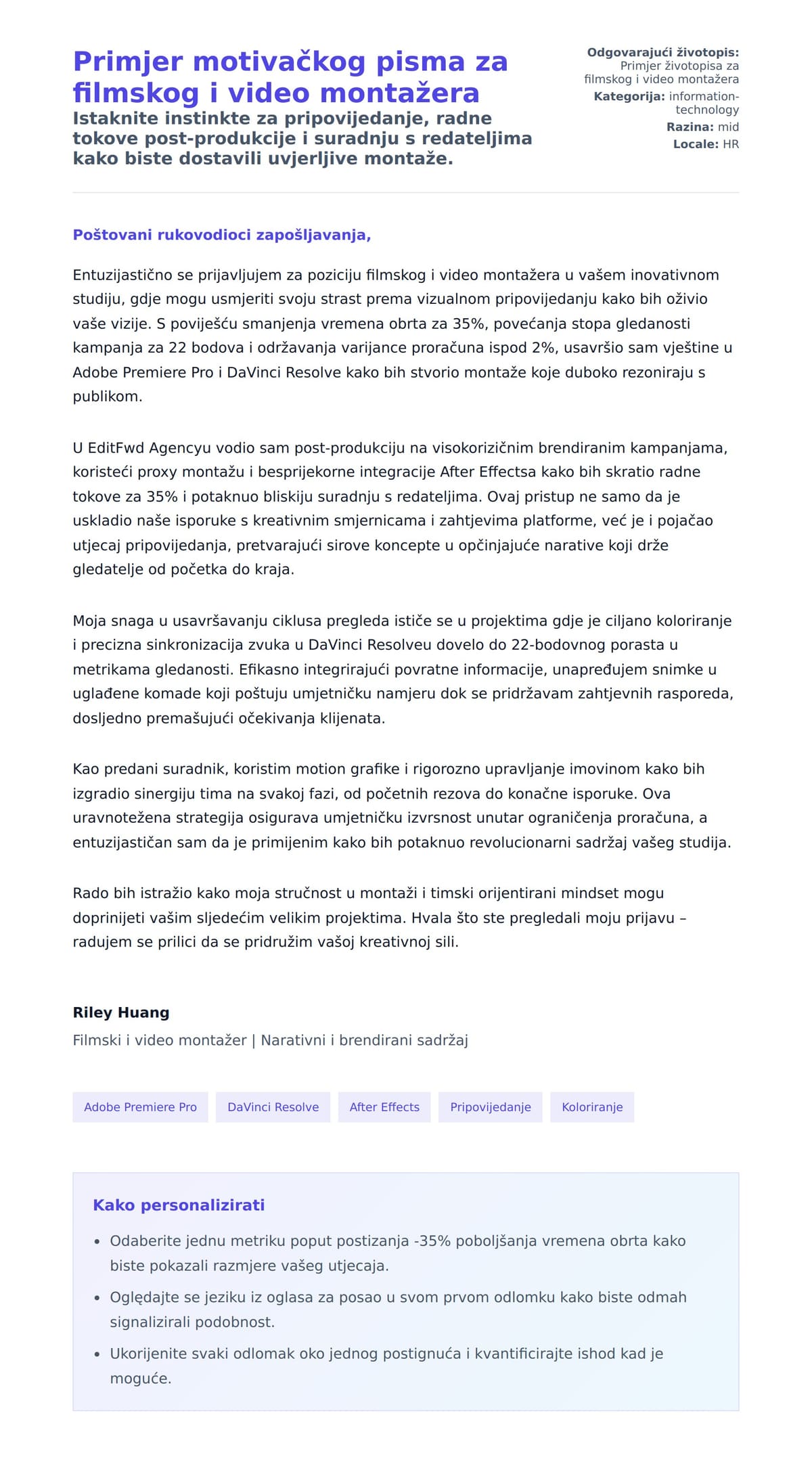 Pregled motivacijskog pisma za Primjer motivačkog pisma za filmskog i video montažera