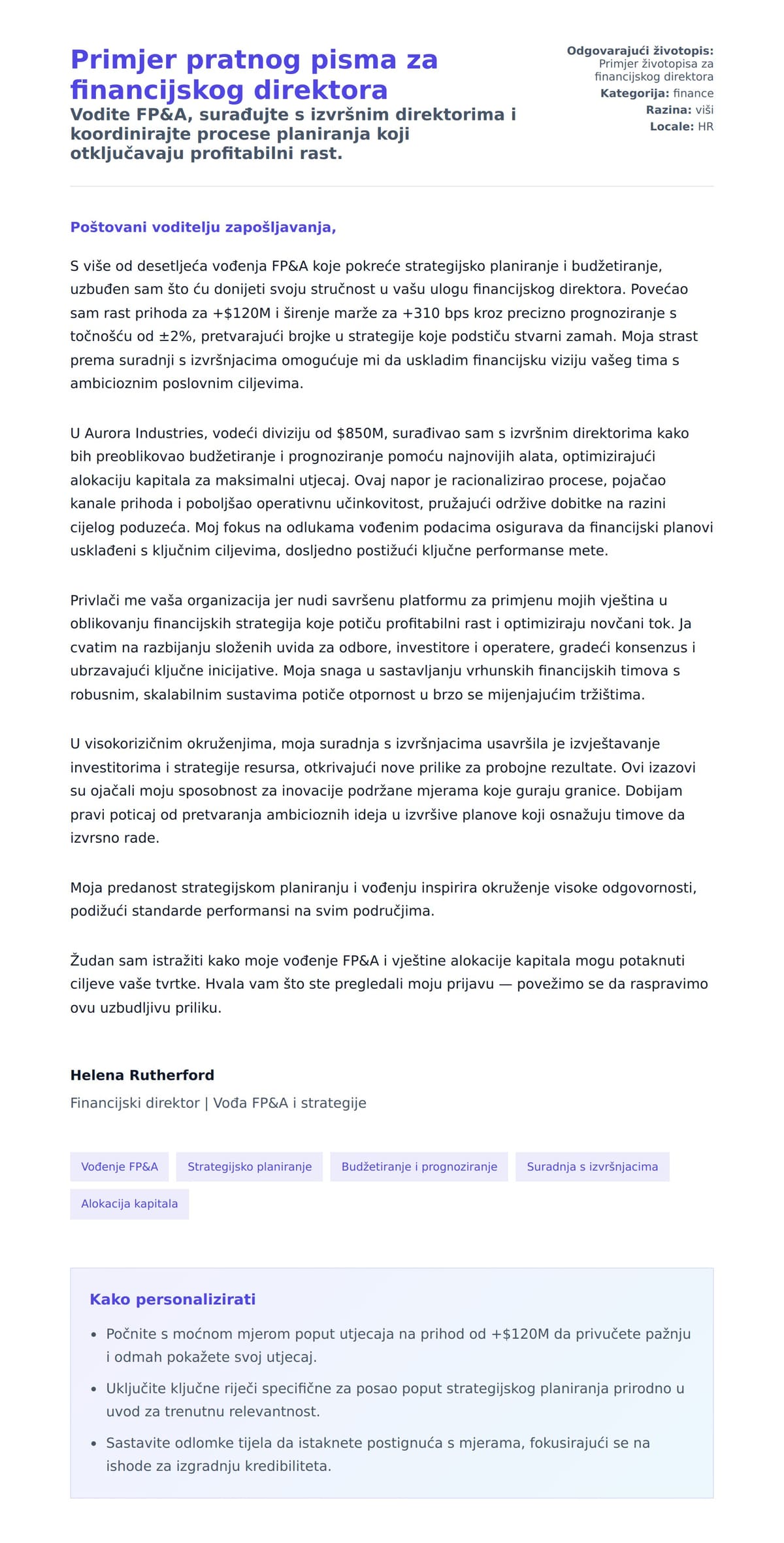 Pregled motivacijskog pisma za Primjer pratnog pisma za financijskog direktora