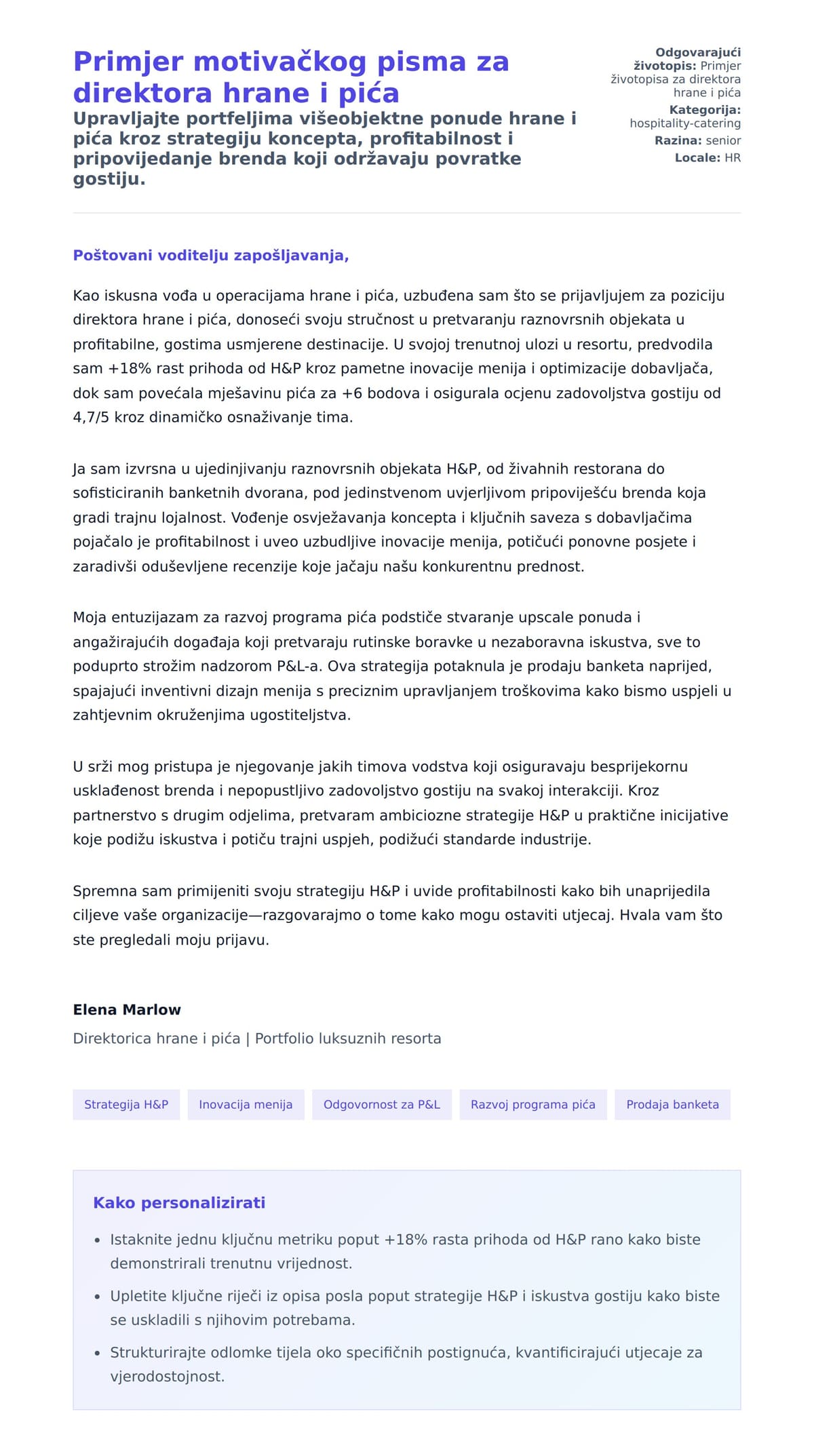 Pregled motivacijskog pisma za Primjer motivačkog pisma za direktora hrane i pića