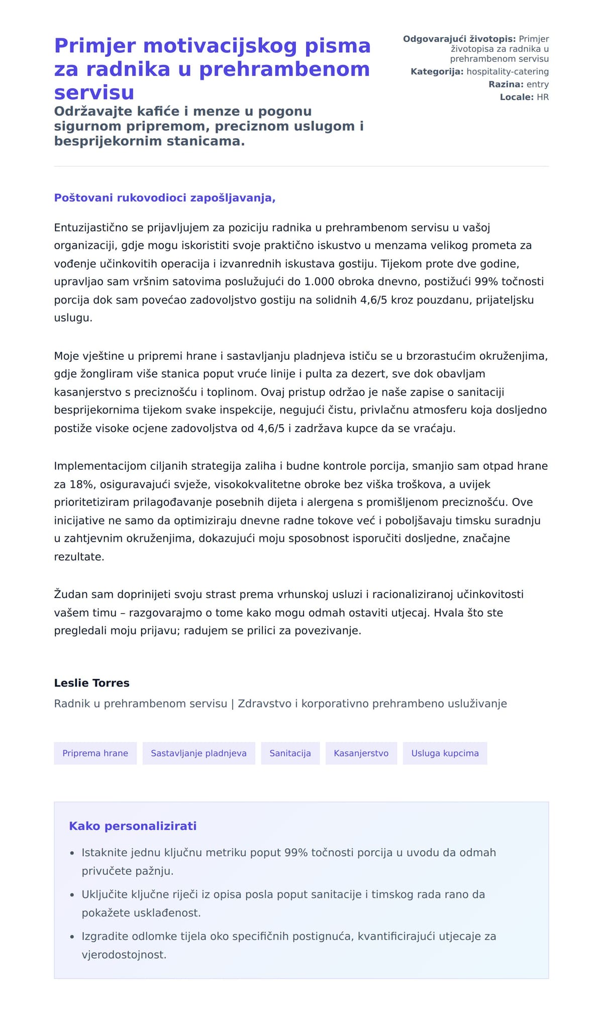 Pregled motivacijskog pisma za Primjer motivacijskog pisma za radnika u prehrambenom servisu
