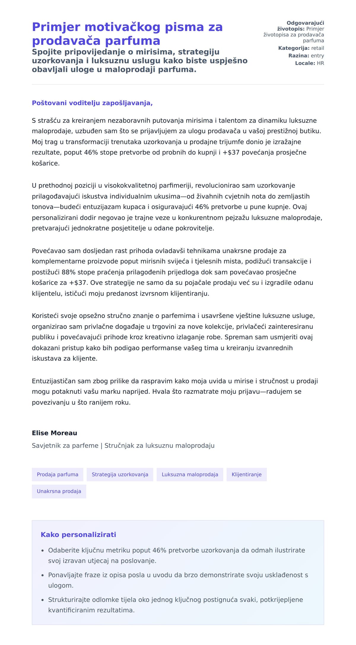 Pregled motivacijskog pisma za Primjer motivačkog pisma za prodavača parfuma