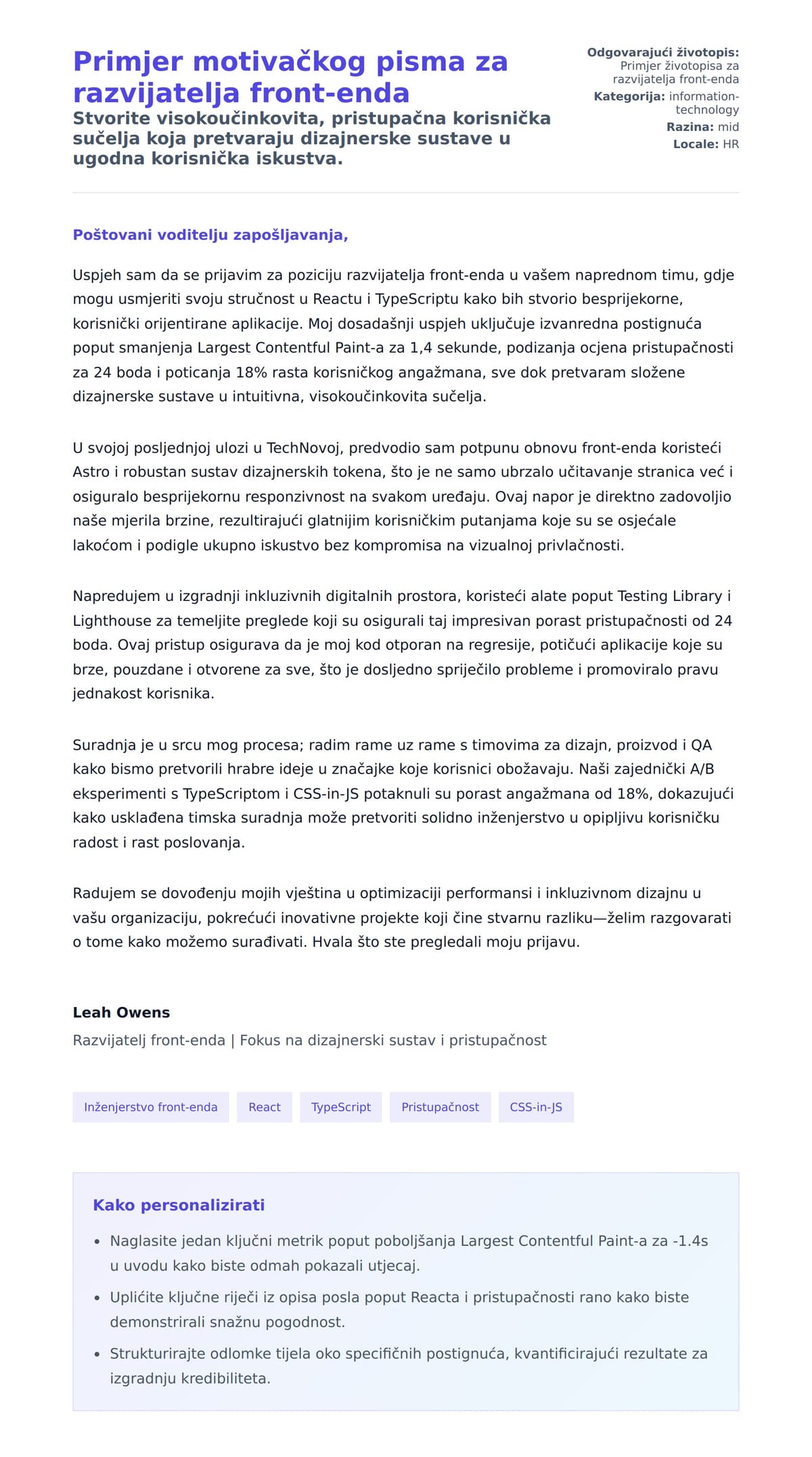 Pregled motivacijskog pisma za Primjer motivačkog pisma za razvijatelja front-enda