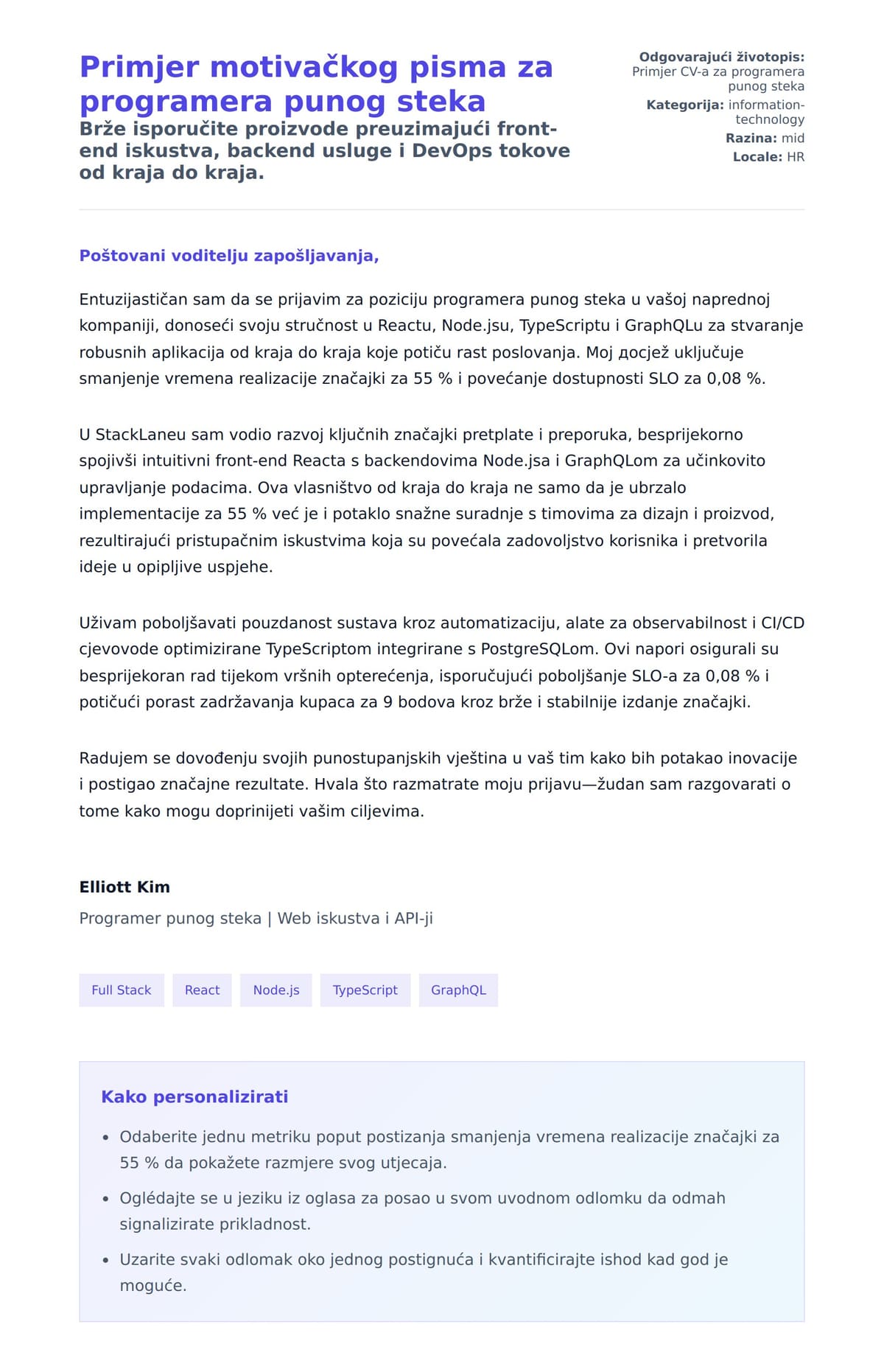 Pregled motivacijskog pisma za Primjer motivačkog pisma za programera punog steka