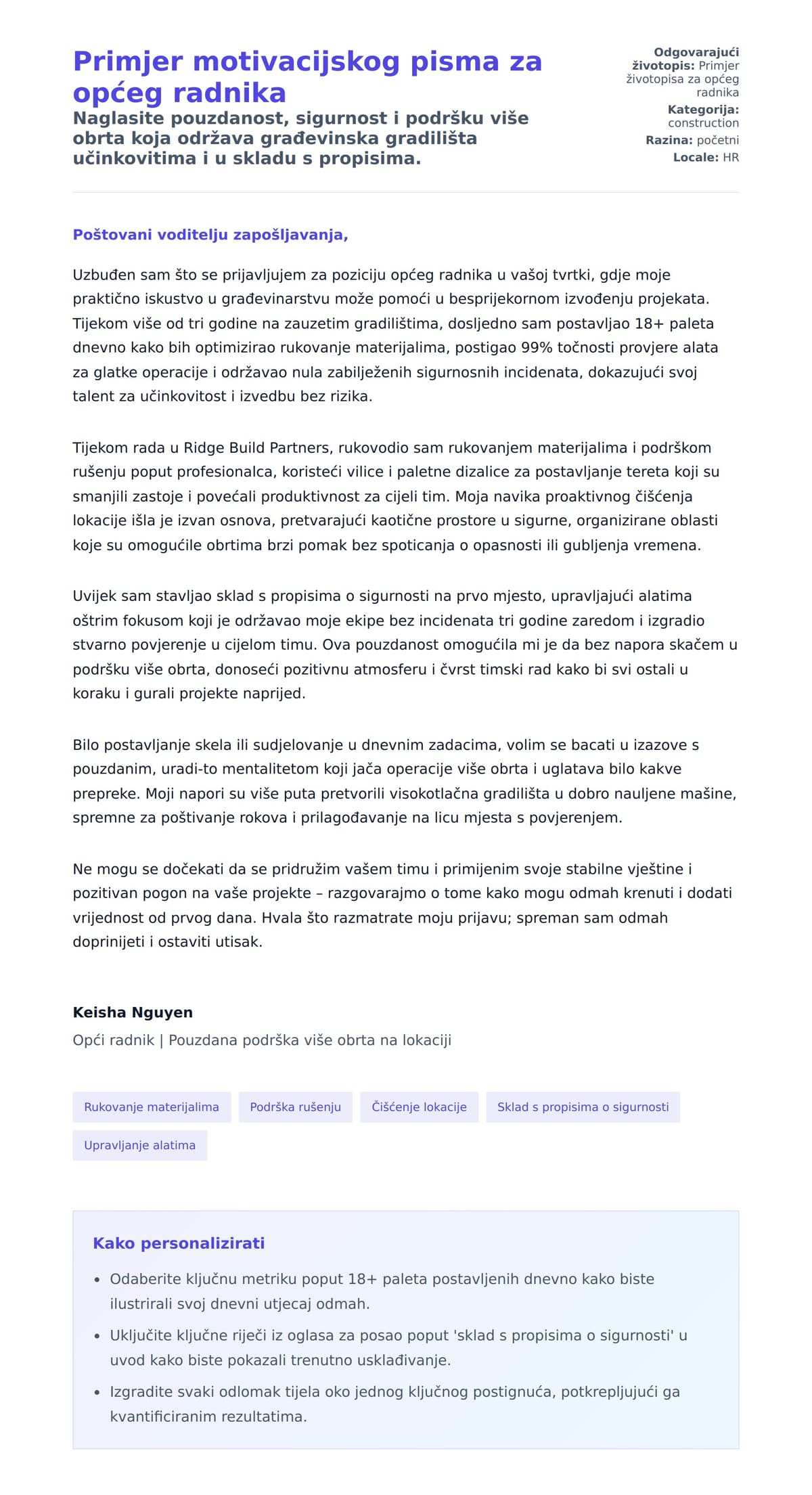 Pregled motivacijskog pisma za Primjer motivacijskog pisma za općeg radnika