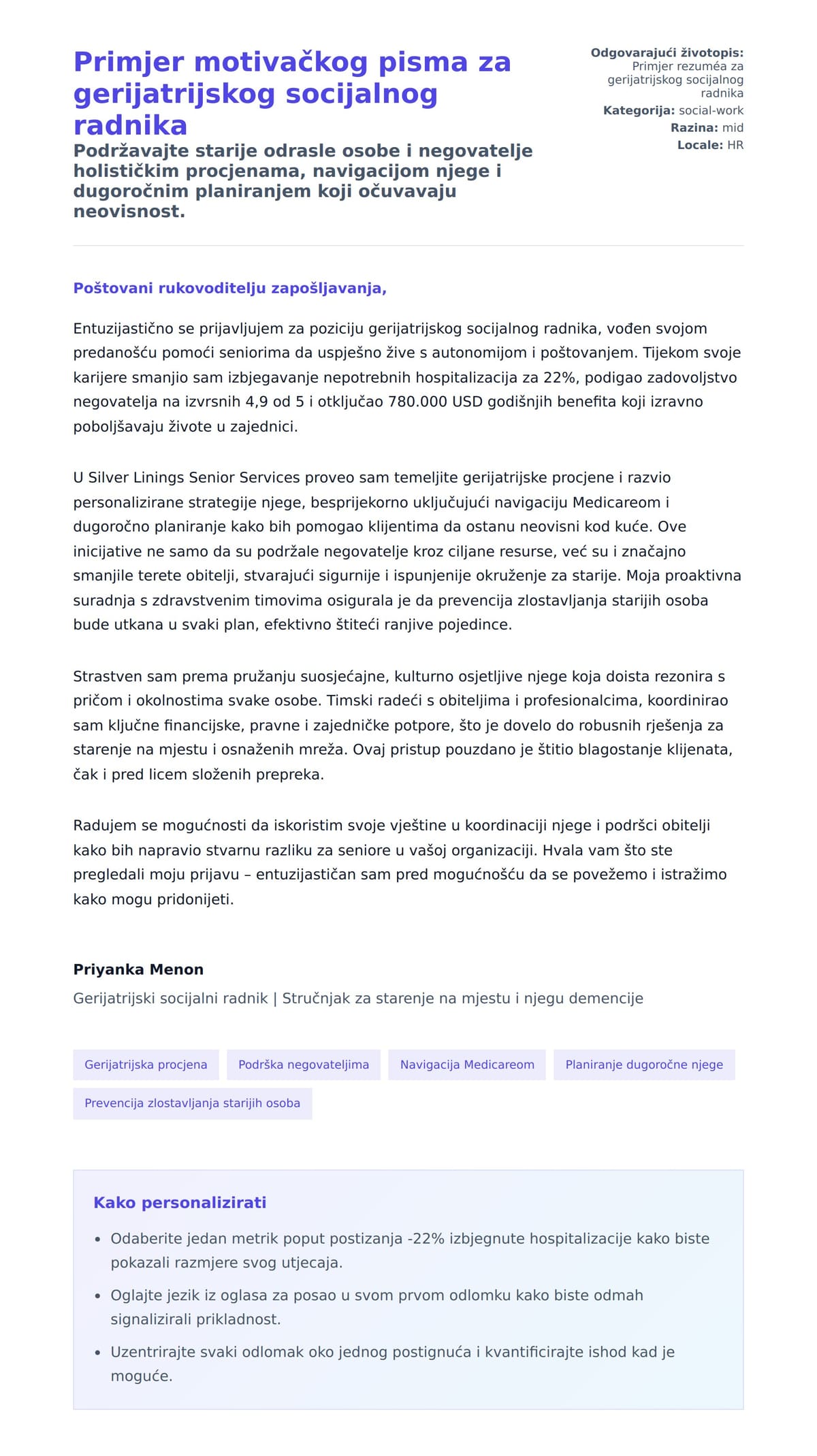 Pregled motivacijskog pisma za Primjer motivačkog pisma za gerijatrijskog socijalnog radnika