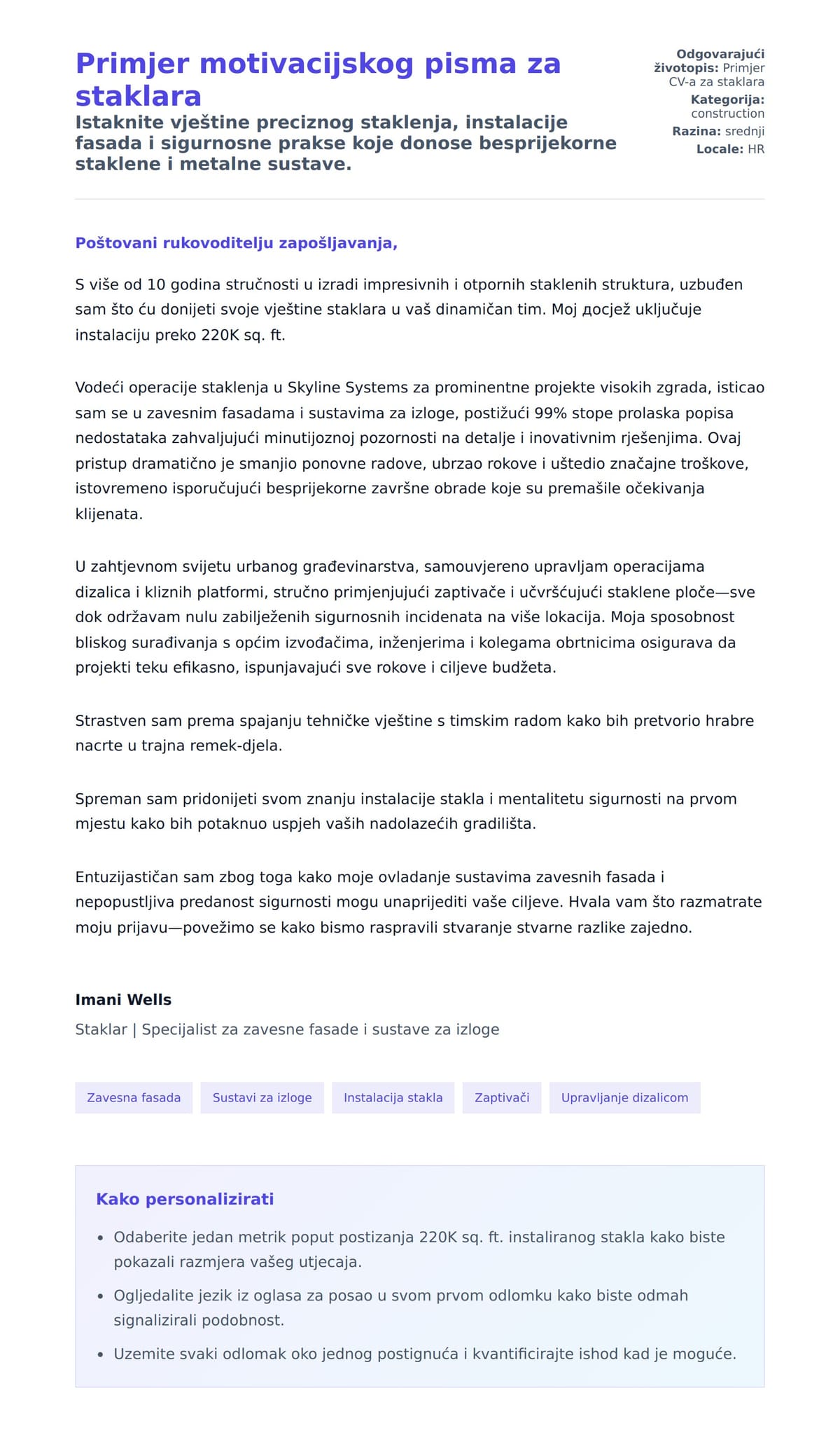 Pregled motivacijskog pisma za Primjer motivacijskog pisma za staklara