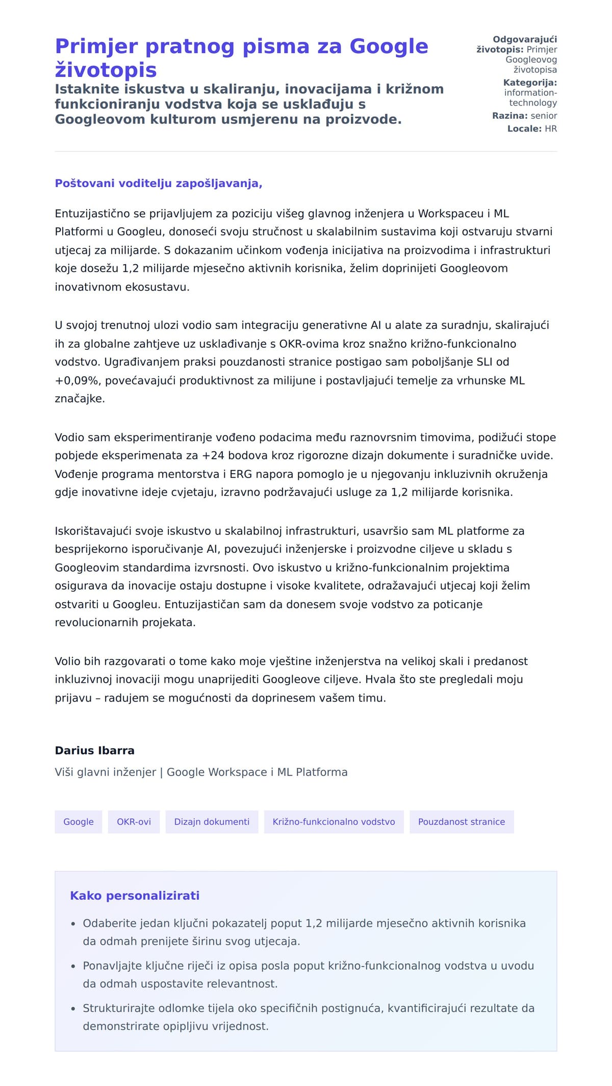 Pregled motivacijskog pisma za Primjer pratnog pisma za Google životopis