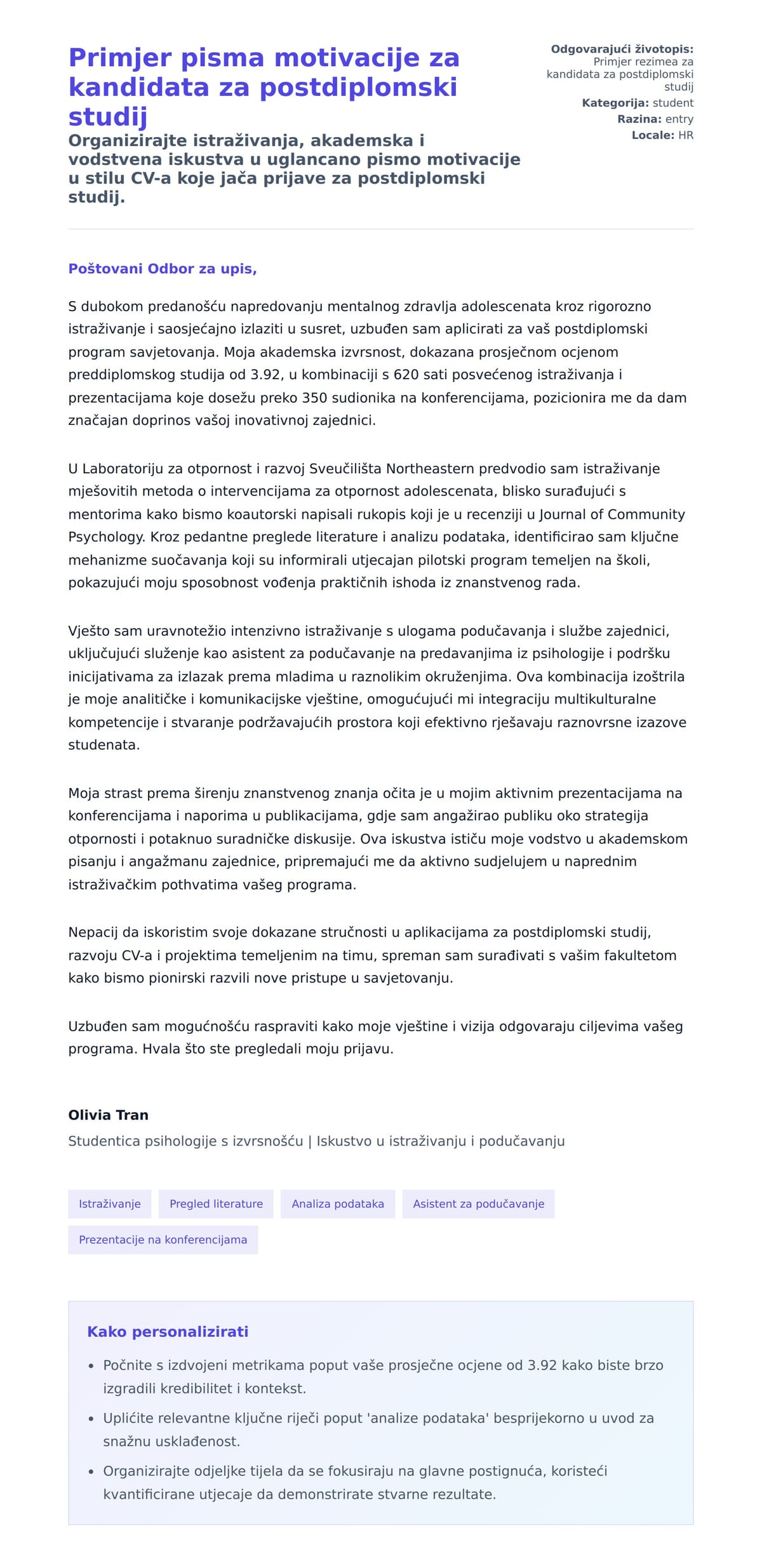 Pregled motivacijskog pisma za Primjer pisma motivacije za kandidata za postdiplomski studij