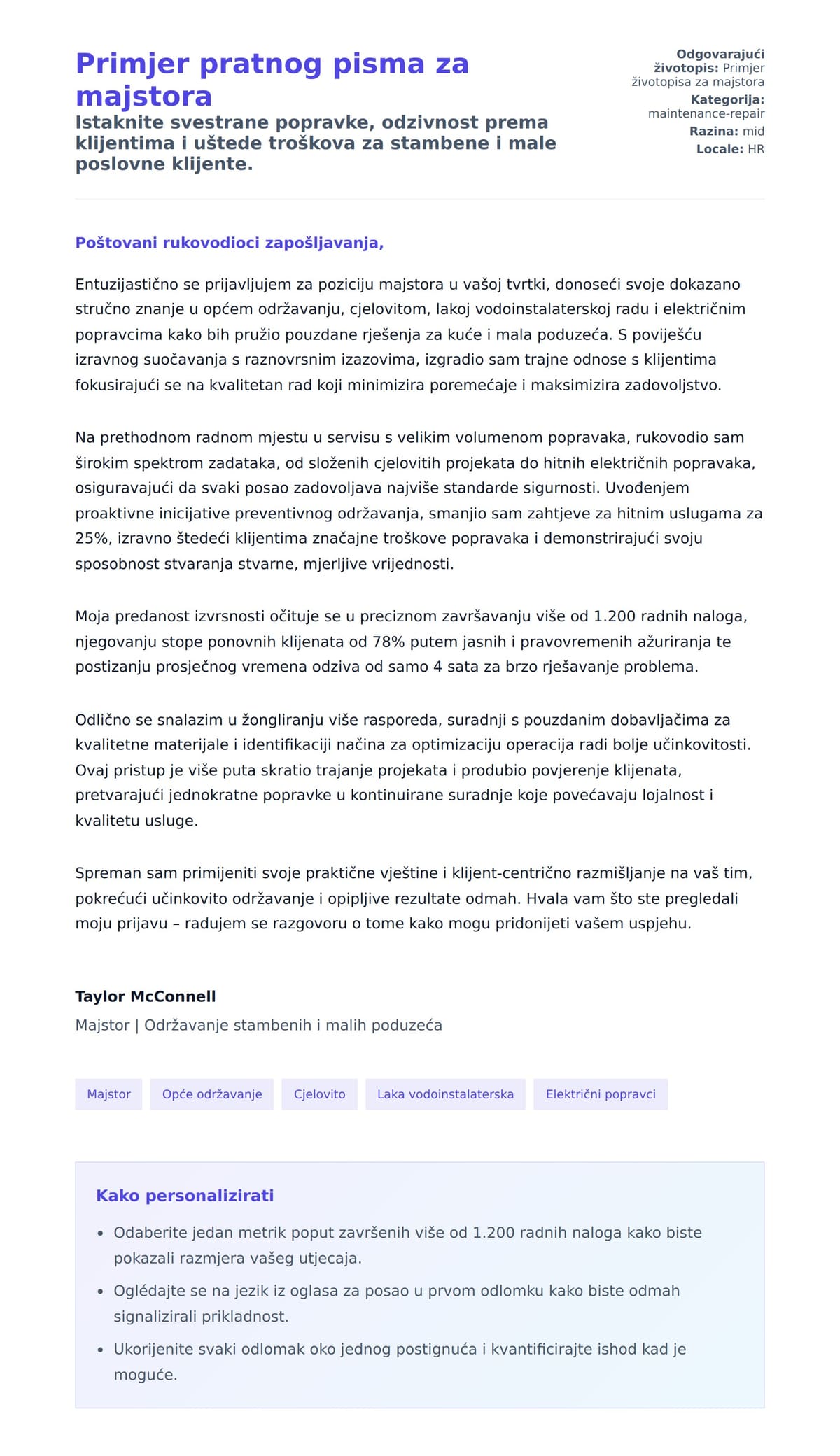 Pregled motivacijskog pisma za Primjer pratnog pisma za majstora