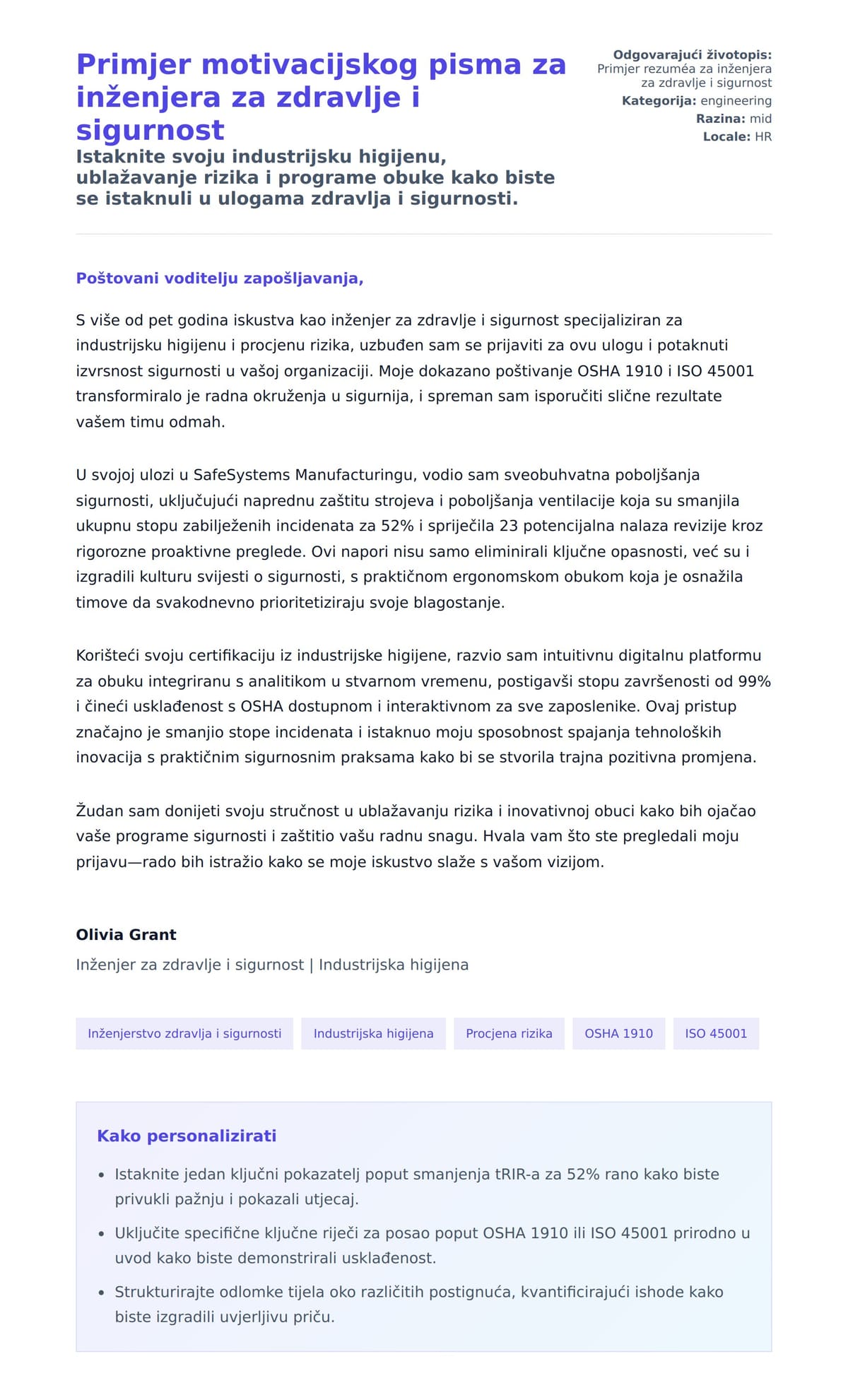 Pregled motivacijskog pisma za Primjer motivacijskog pisma za inženjera za zdravlje i sigurnost