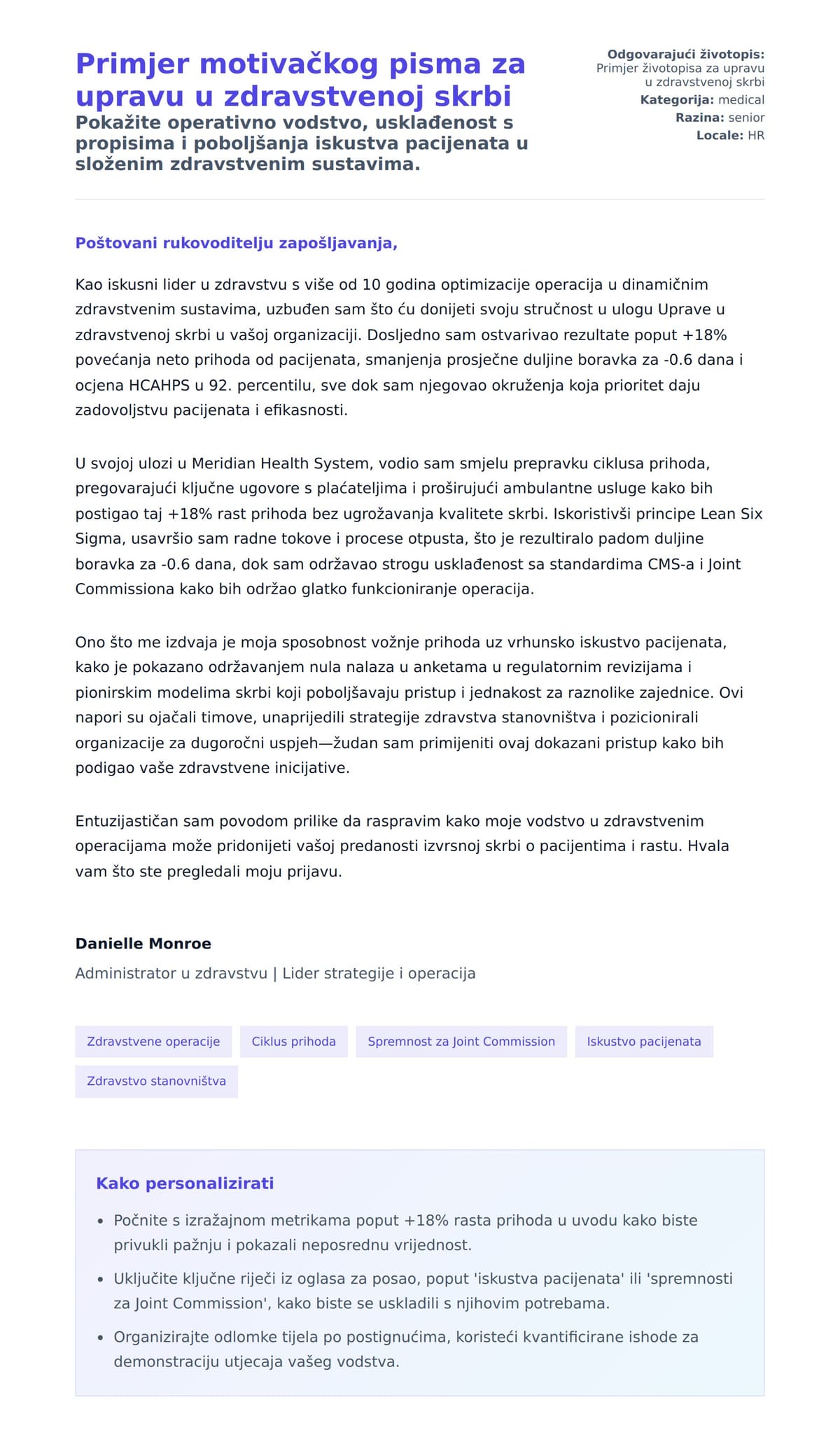 Pregled motivacijskog pisma za Primjer motivačkog pisma za upravu u zdravstvenoj skrbi