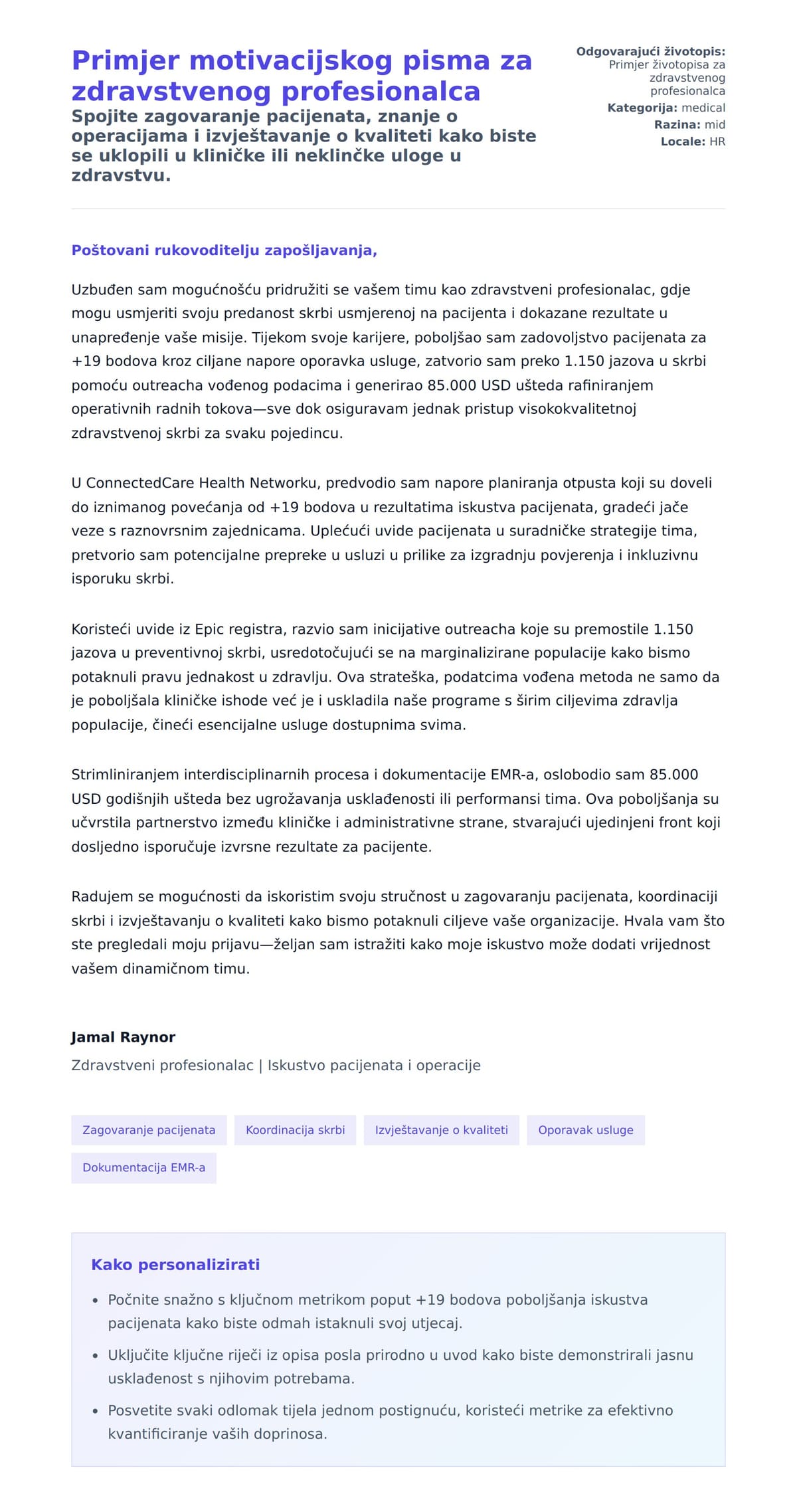 Pregled motivacijskog pisma za Primjer motivacijskog pisma za zdravstvenog profesionalca