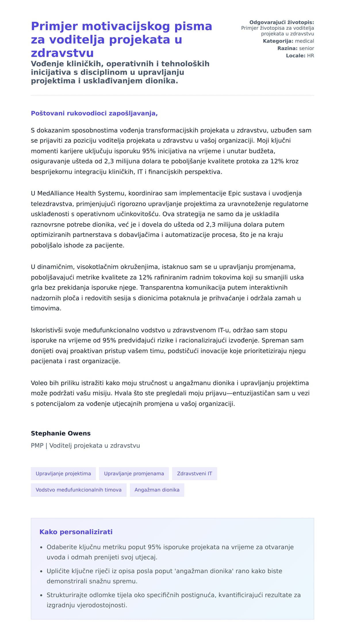 Pregled motivacijskog pisma za Primjer motivacijskog pisma za voditelja projekata u zdravstvu