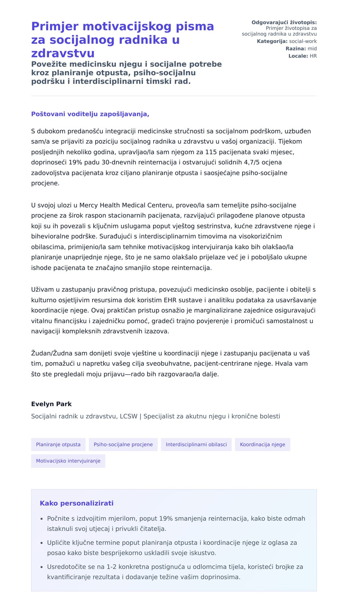 Pregled motivacijskog pisma za Primjer motivacijskog pisma za socijalnog radnika u zdravstvu